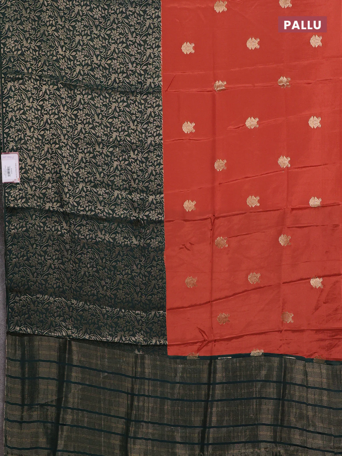 Semi mysore silk saree rustic orange and bottle green with half & half style and long zari woven border - Image 3