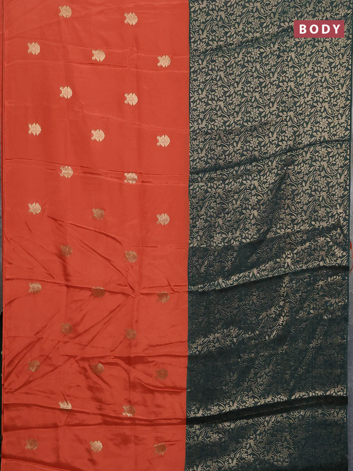 Semi mysore silk saree rustic orange and bottle green with half & half style and long zari woven border - Image 2