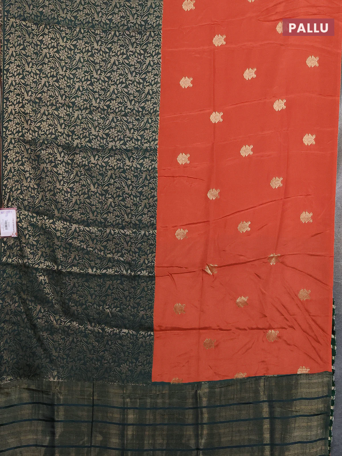 Semi mysore silk saree rustic orange and bottle green with half & half style and long zari woven border - Image 3