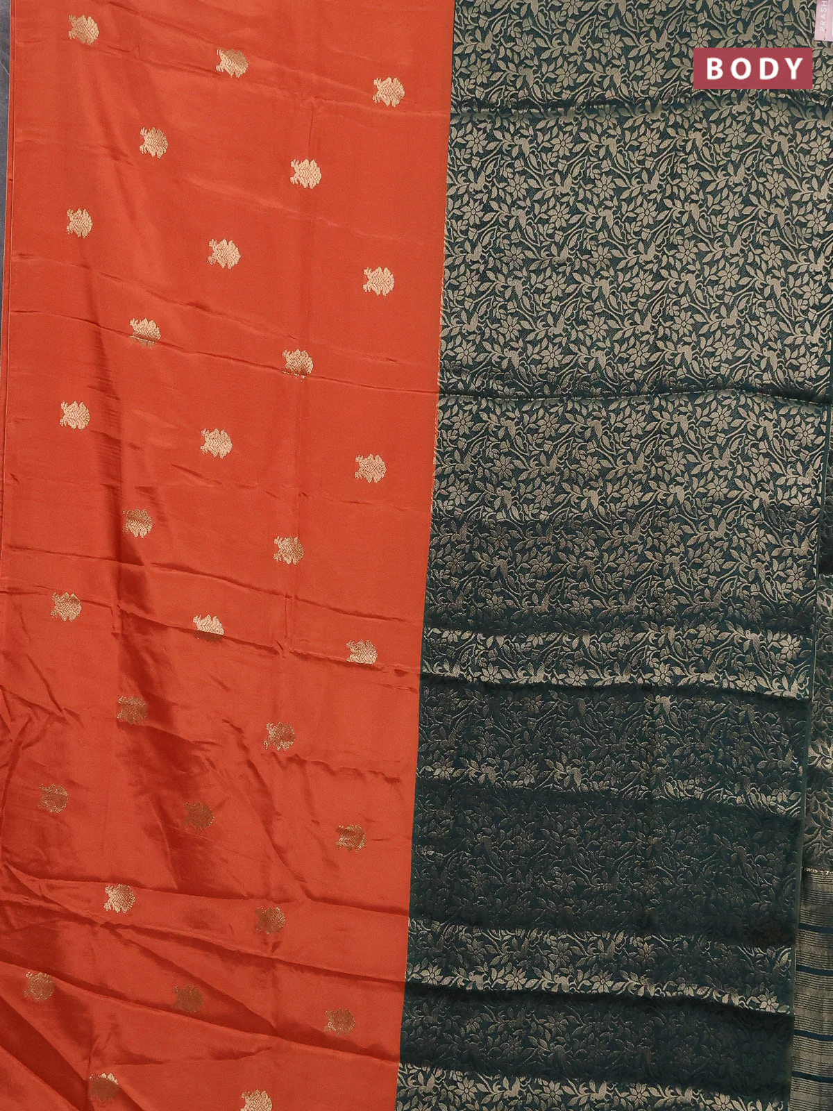 Semi mysore silk saree rustic orange and green with half & half style and long zari woven border - Image 2