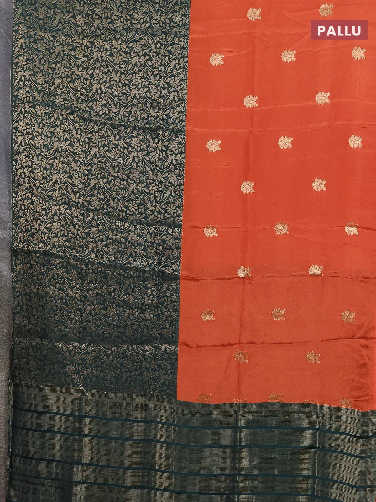 Semi mysore silk saree rustic orange and green with half & half style and long zari woven border - Image 3