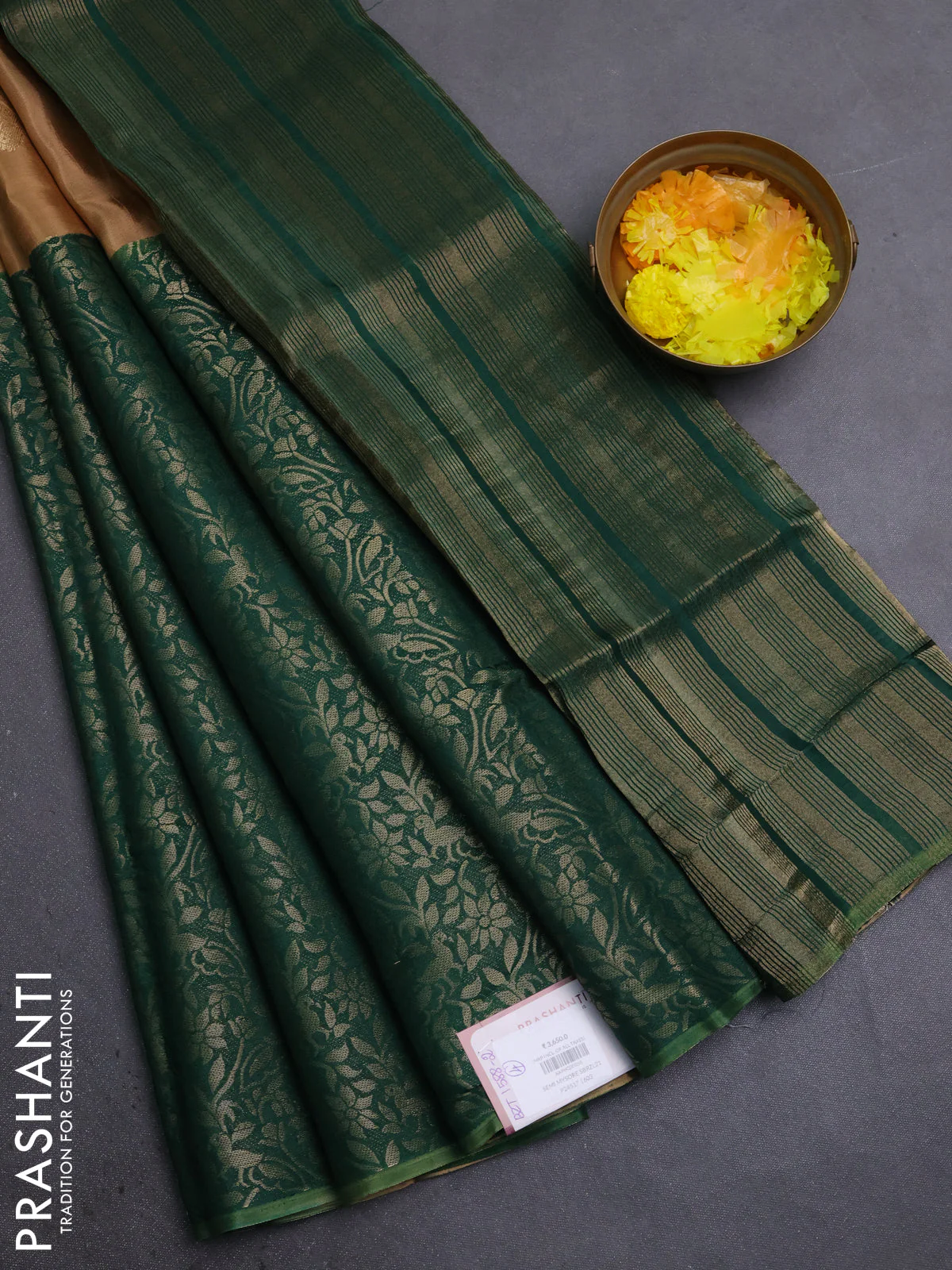 Semi mysore silk saree sandal and green with half & half style and long zari woven border