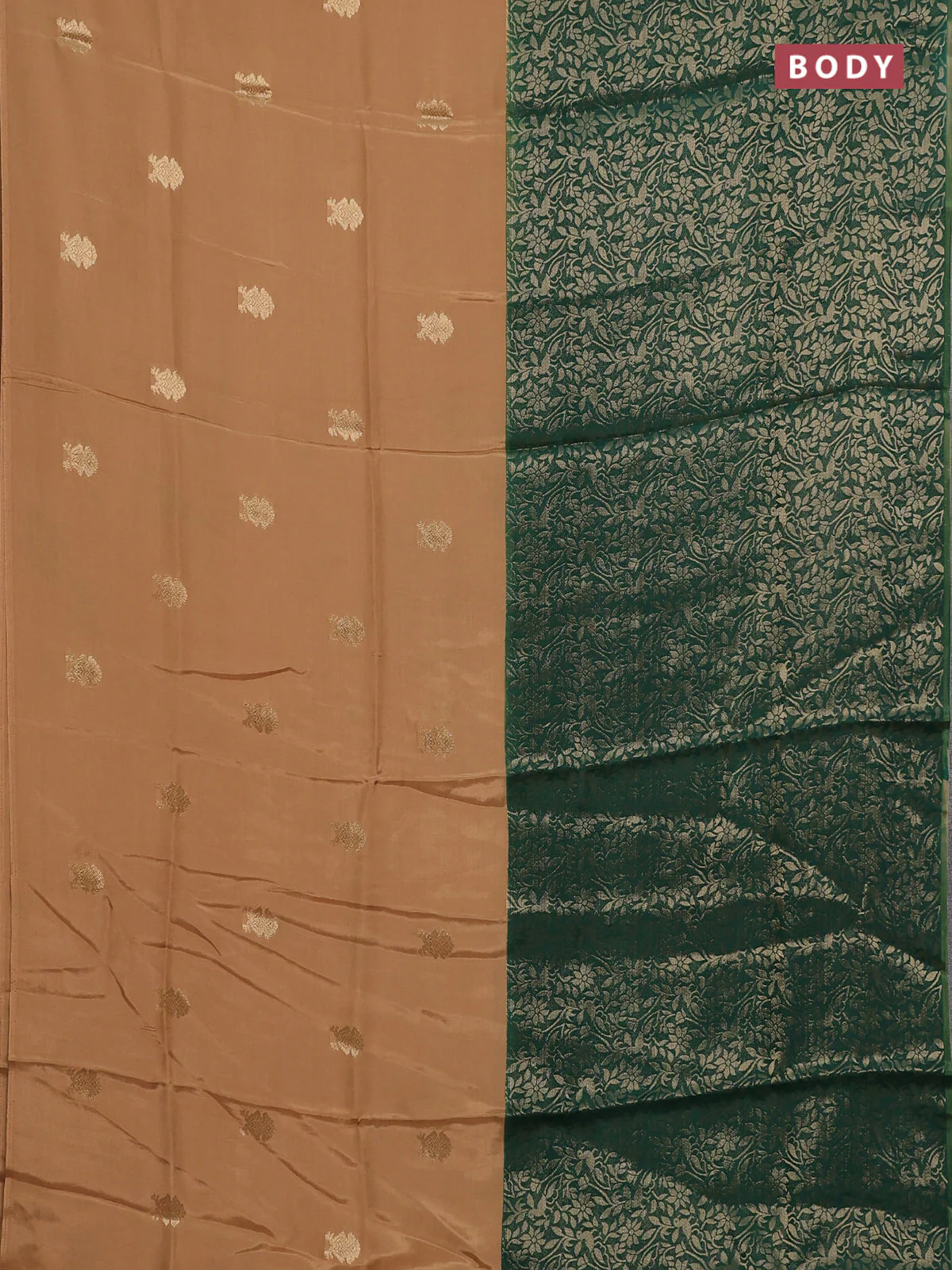 Semi mysore silk saree sandal and green with half & half style and long zari woven border - Image 2