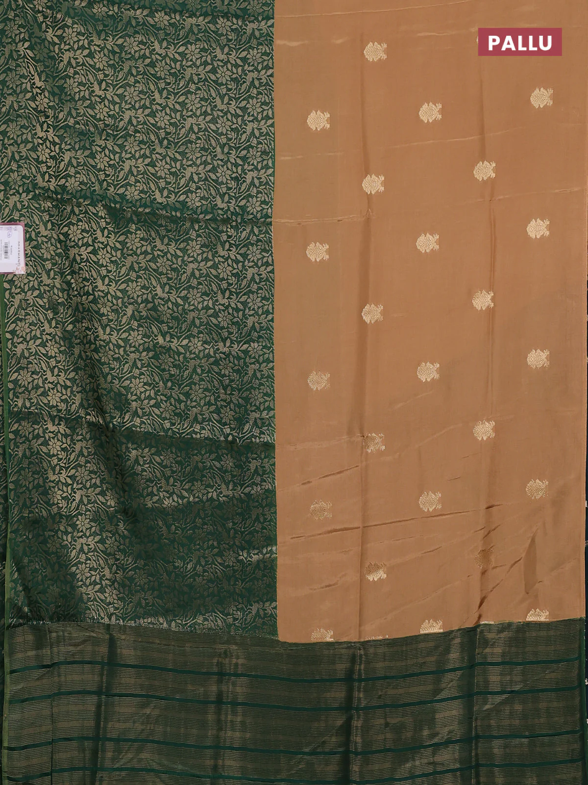 Semi mysore silk saree sandal and green with half & half style and long zari woven border - Image 3