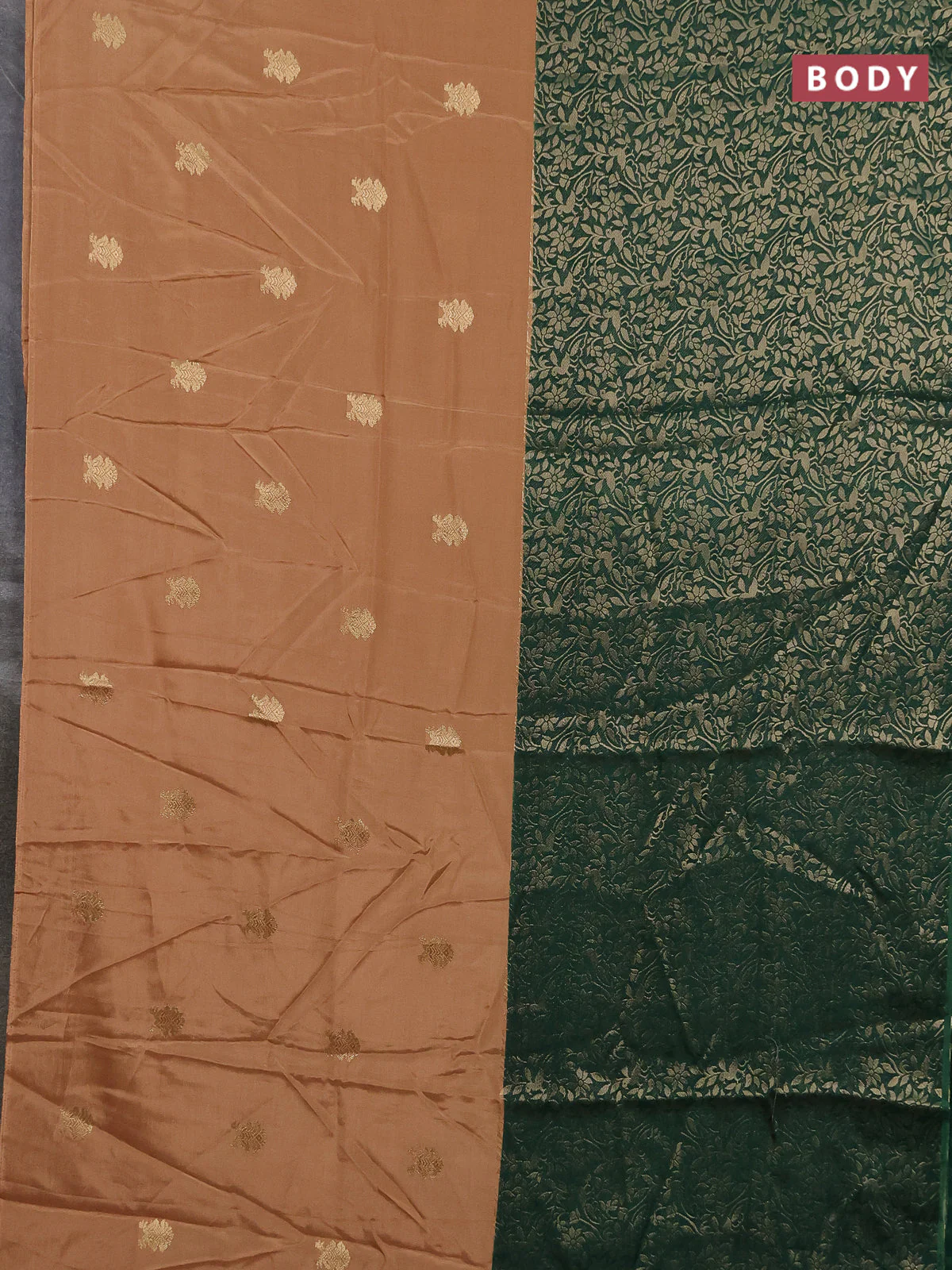 Semi mysore silk saree sandal and green with half & half style and long zari woven border - Image 2