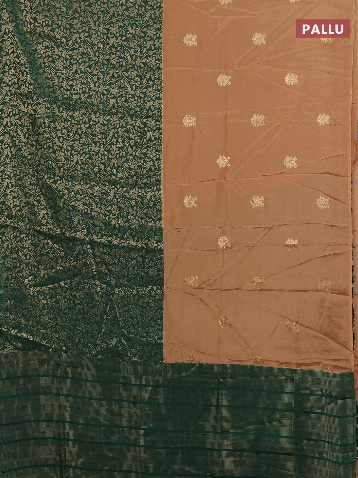 Semi mysore silk saree sandal and green with half & half style and long zari woven border - Image 3
