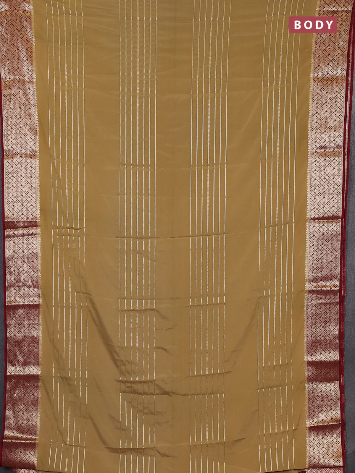 Semi mysore silk saree sandal and maroon with allover zari weaves and zari woven border - Image 2