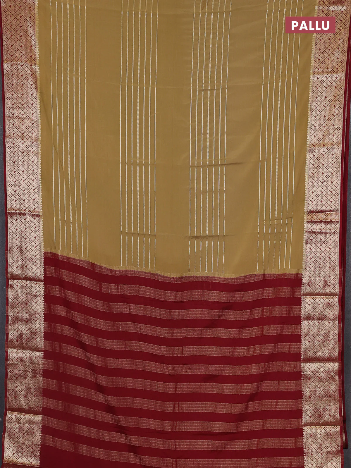 Semi mysore silk saree sandal and maroon with allover zari weaves and zari woven border - Image 3