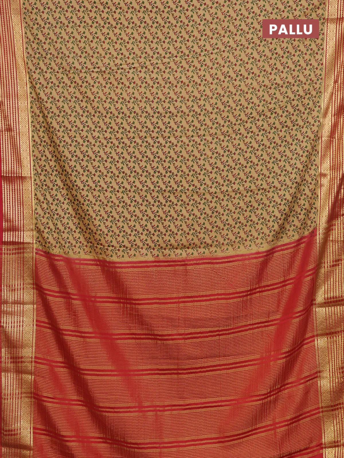 Semi mysore silk saree sandal and red with allover prints and zari woven border - Image 3