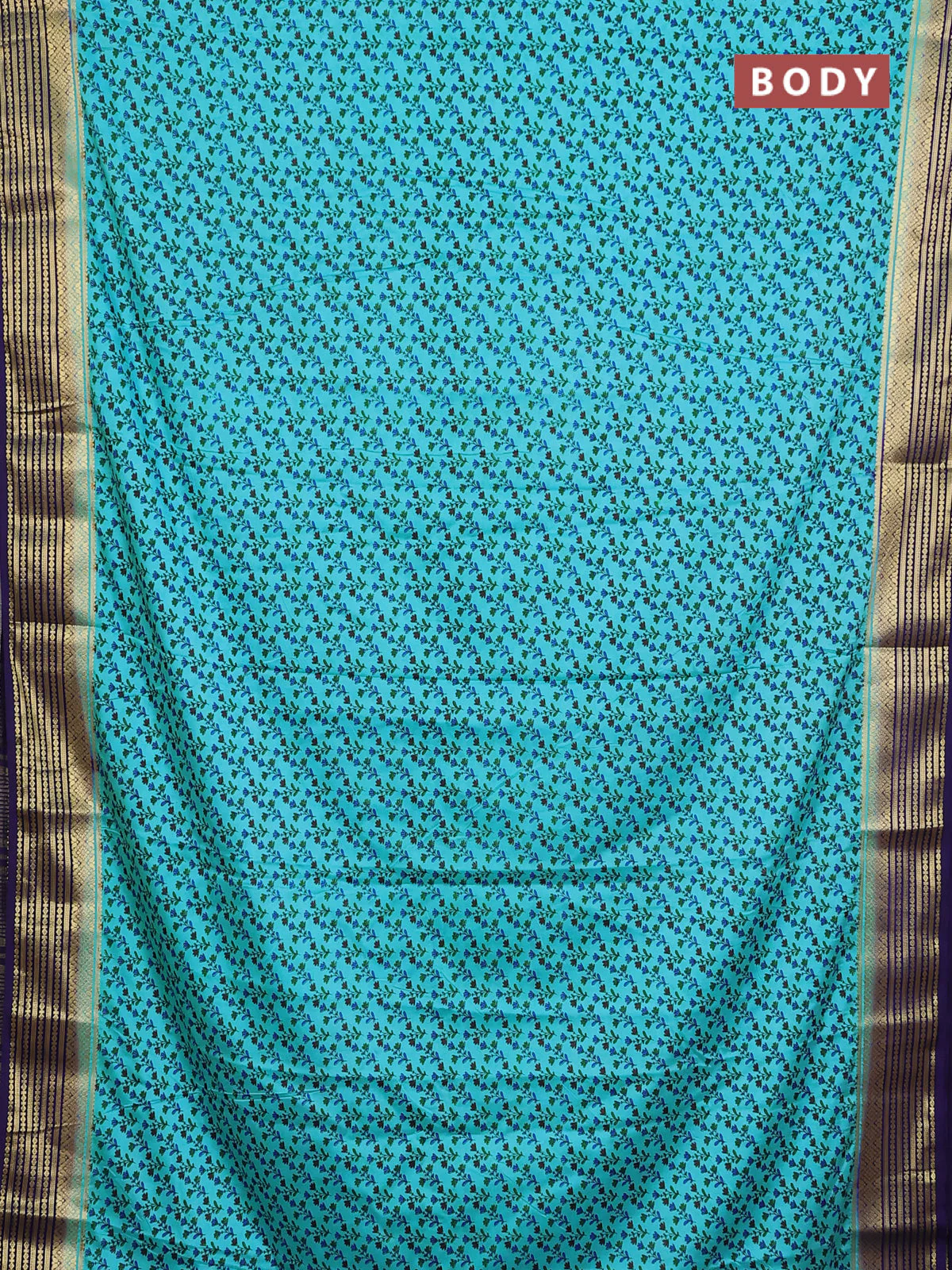 Semi mysore silk saree teal blue and navy blue with allover prints and zari woven border - Image 2