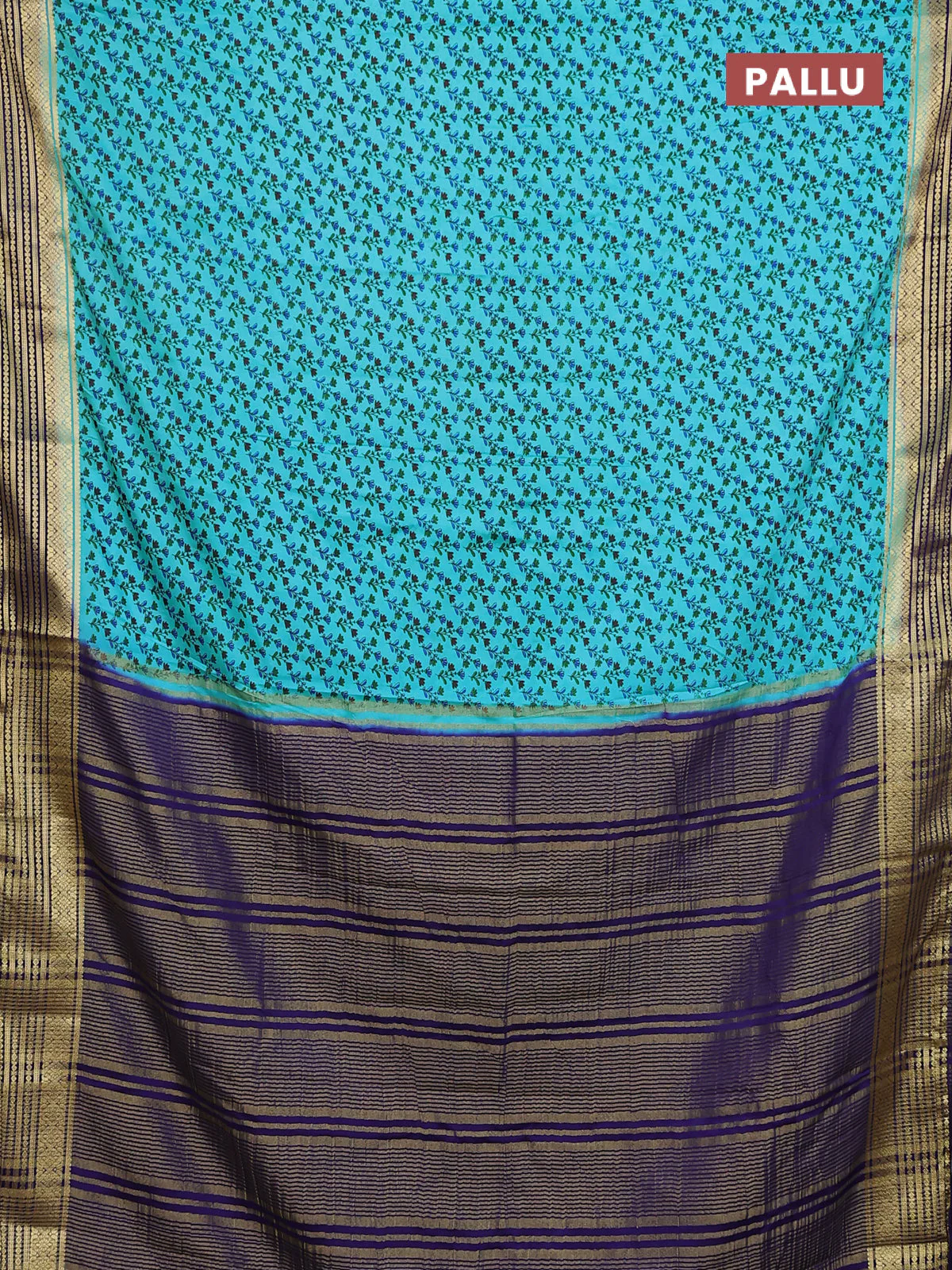 Semi mysore silk saree teal blue and navy blue with allover prints and zari woven border - Image 3