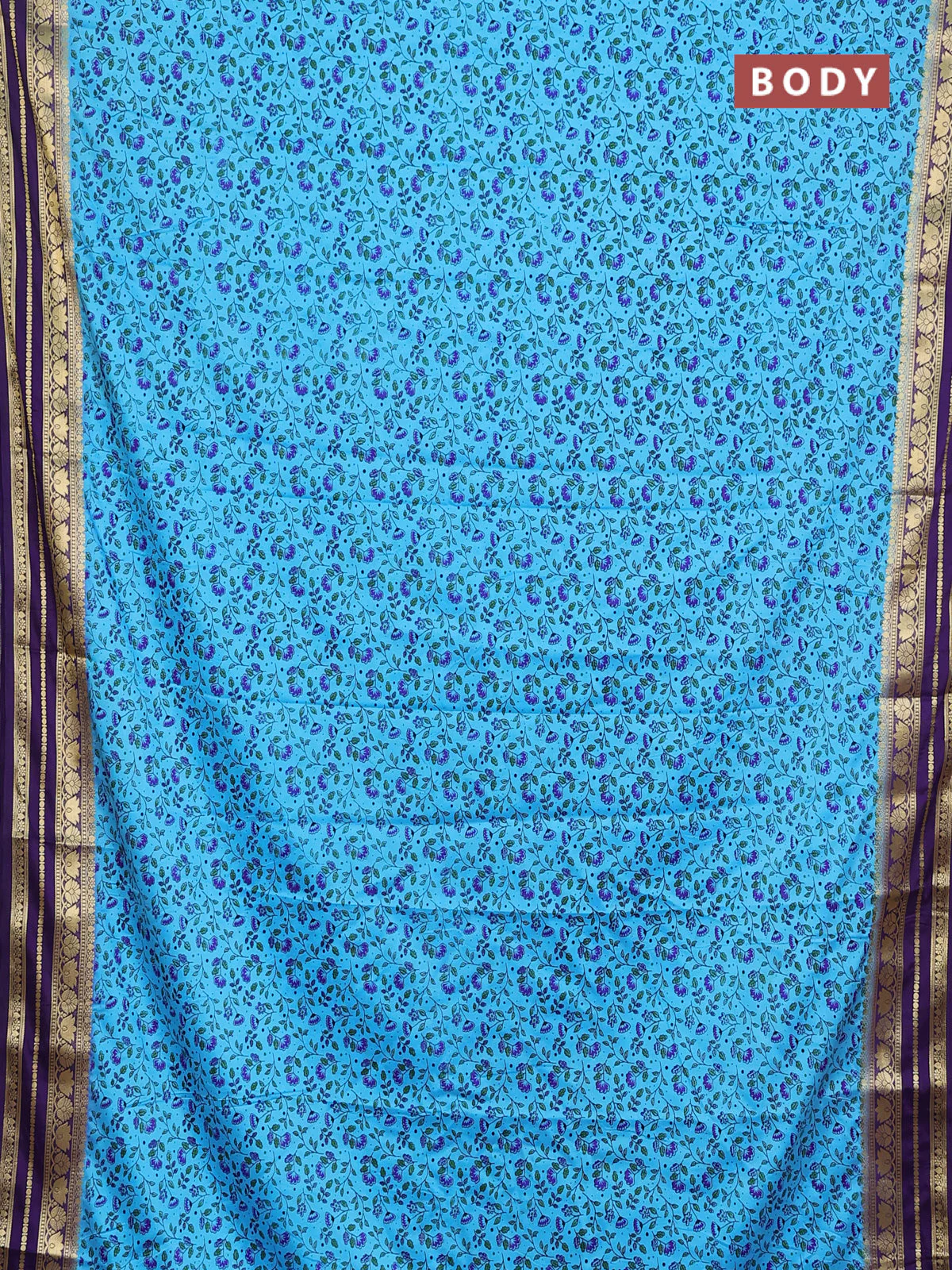 Semi mysore silk saree teal blue and violet with allover prints and zari woven border - Image 2