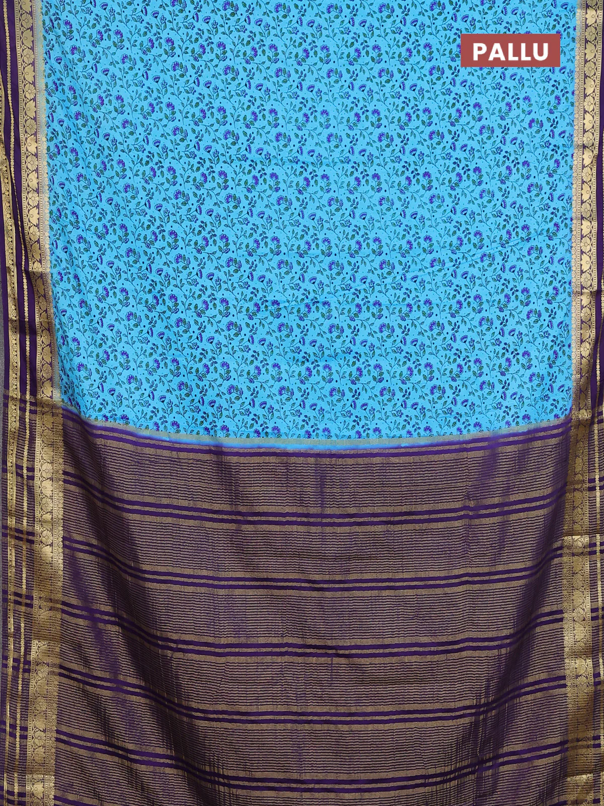 Semi mysore silk saree teal blue and violet with allover prints and zari woven border - Image 3