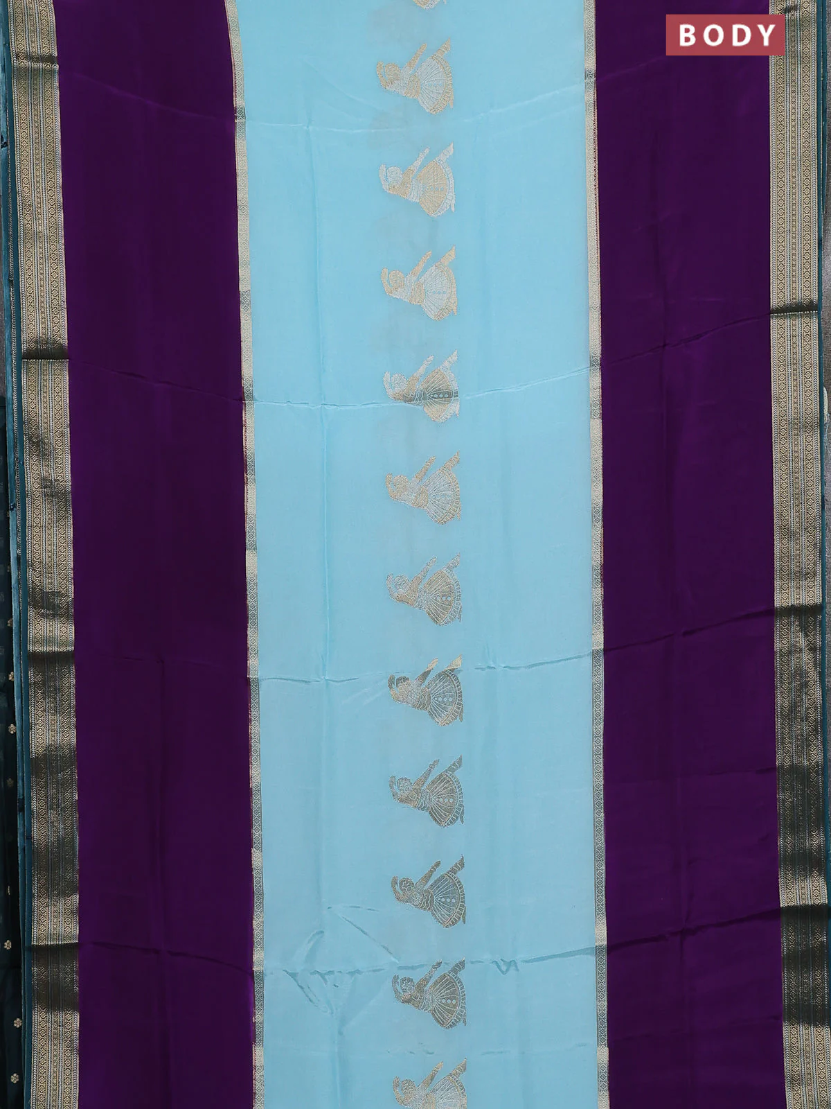Semi mysore silk saree teal blue purple and bottle green with zari woven buttas and long zari woven border - Image 2