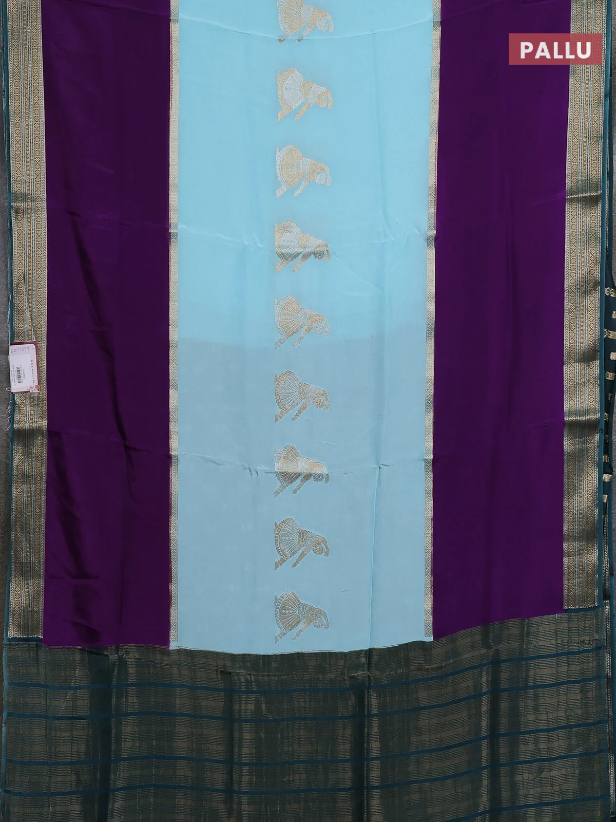 Semi mysore silk saree teal blue purple and bottle green with zari woven buttas and long zari woven border - Image 3