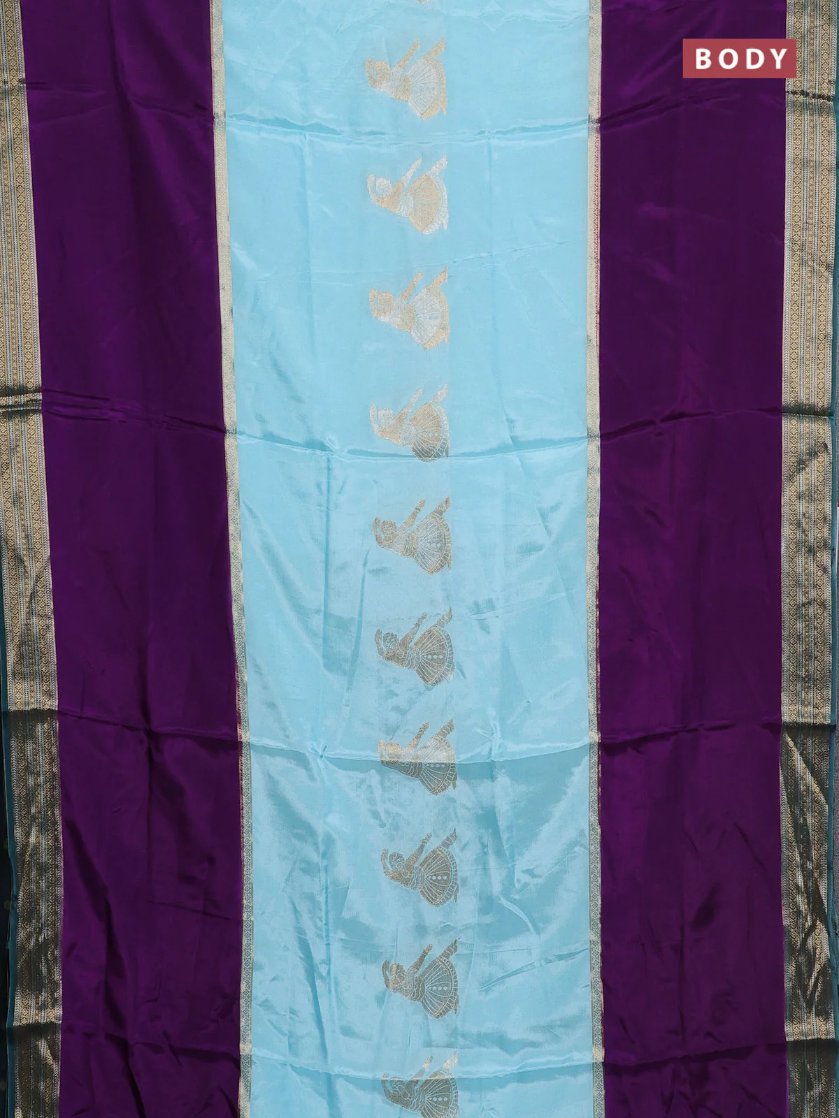 Semi mysore silk saree teal blue purple and bottle green with zari woven buttas and zari woven border - Image 2