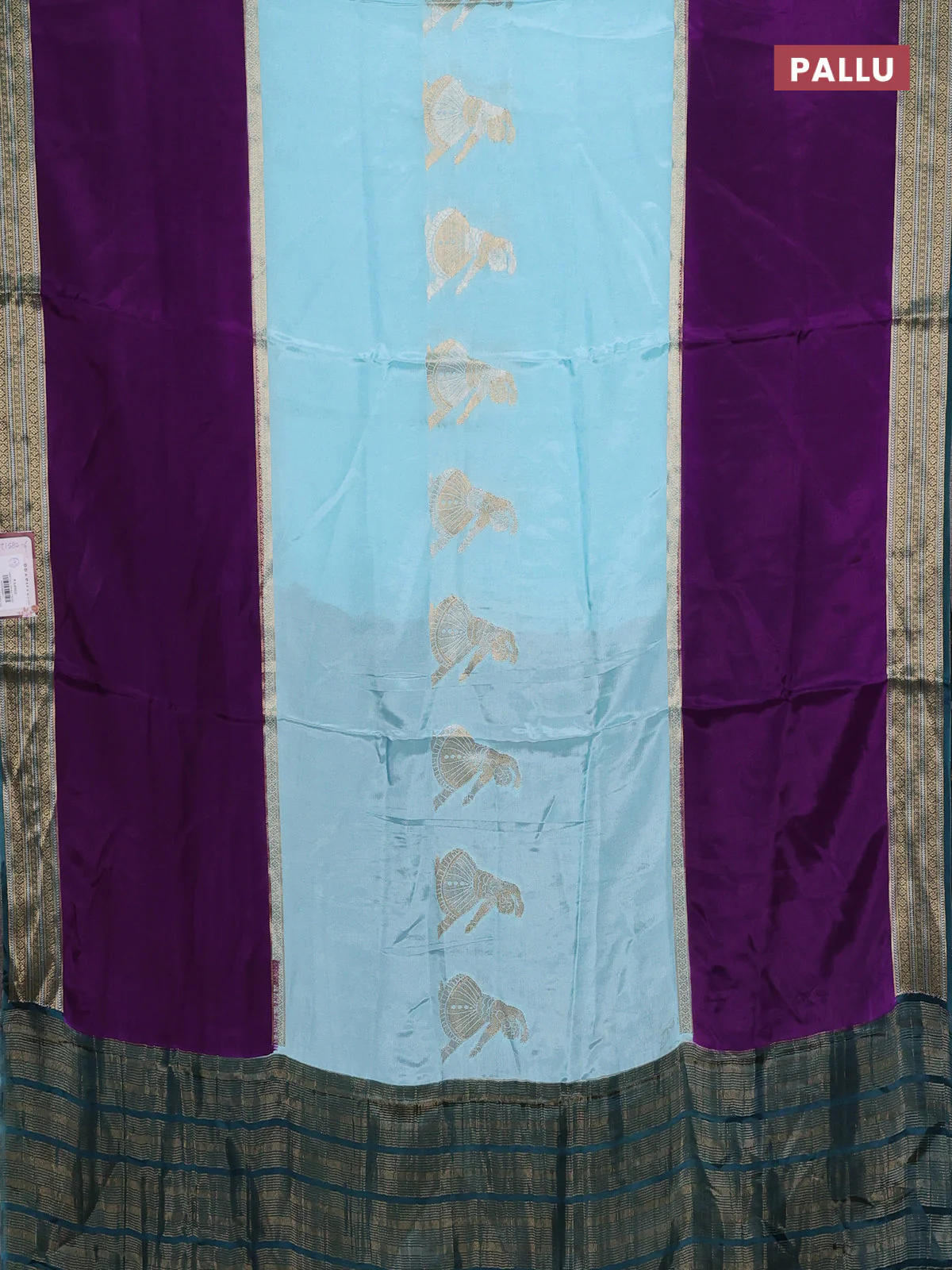 Semi mysore silk saree teal blue purple and bottle green with zari woven buttas and zari woven border - Image 3