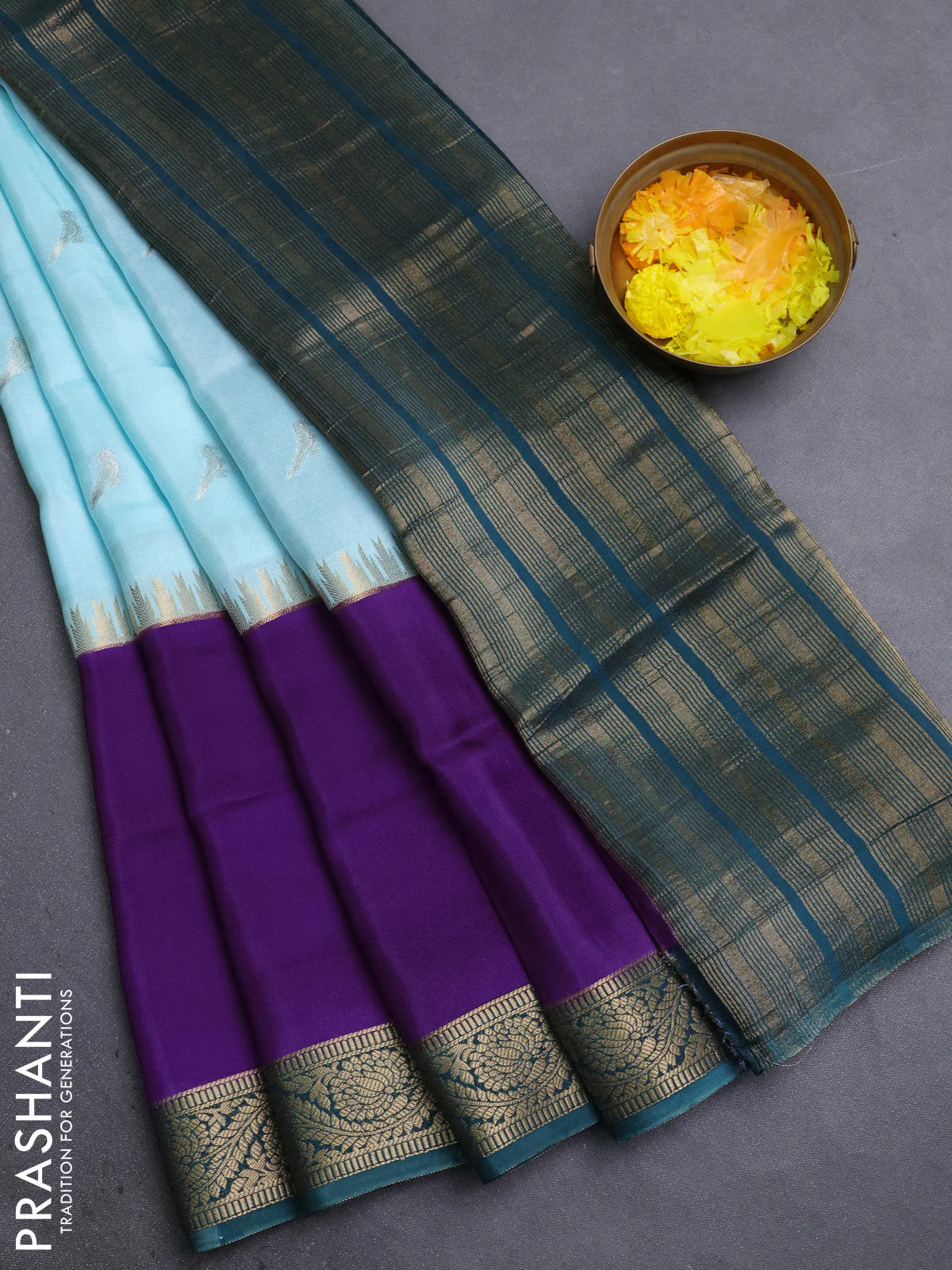 Semi mysore silk saree teal blue purple and green with zari woven buttas and rettapet zari woven border