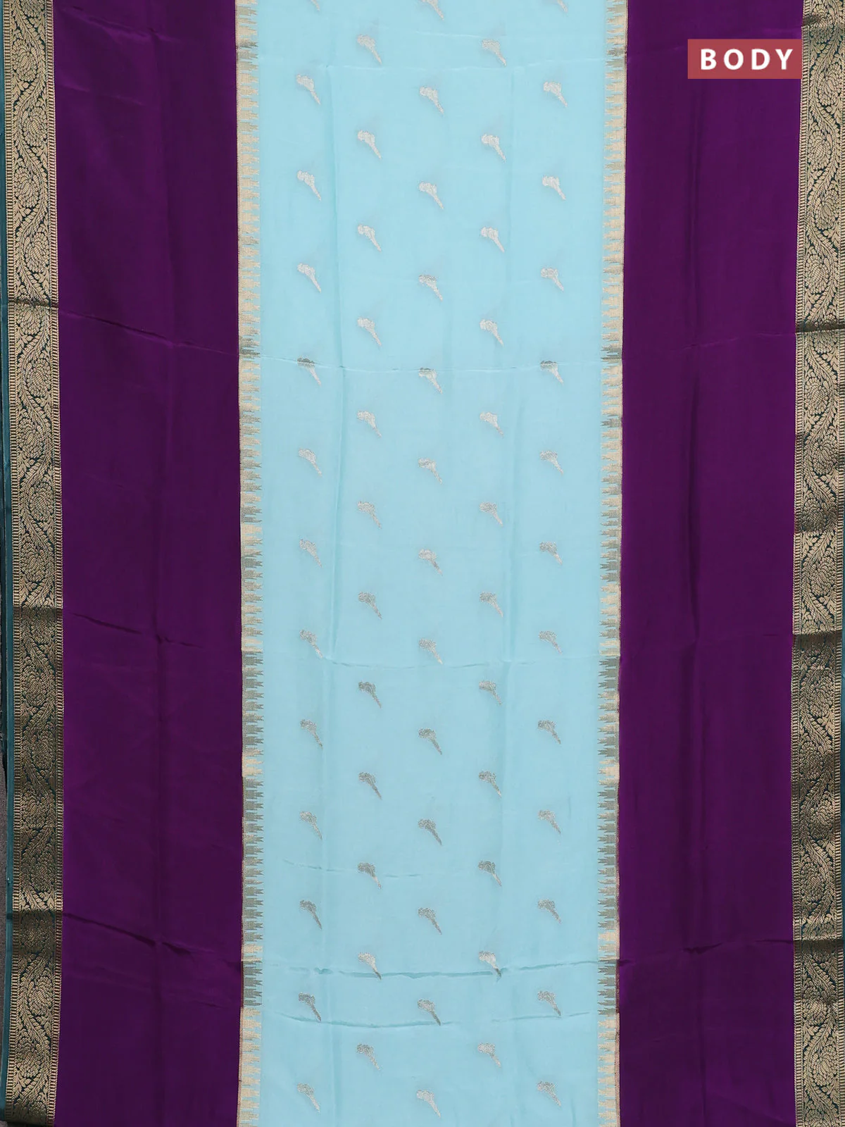 Semi mysore silk saree teal blue purple and green with zari woven buttas and rettapet zari woven border - Image 2