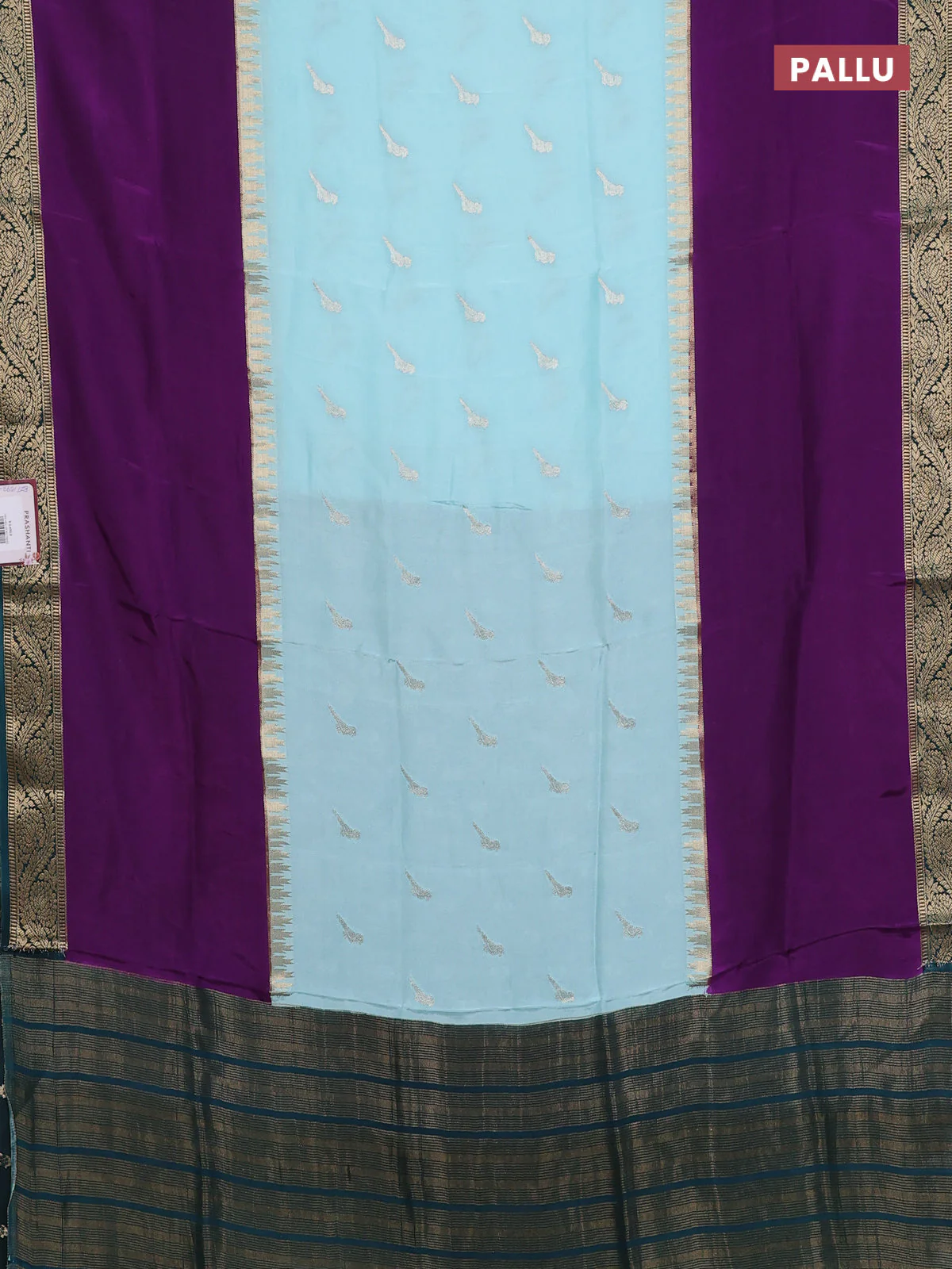 Semi mysore silk saree teal blue purple and green with zari woven buttas and rettapet zari woven border - Image 3