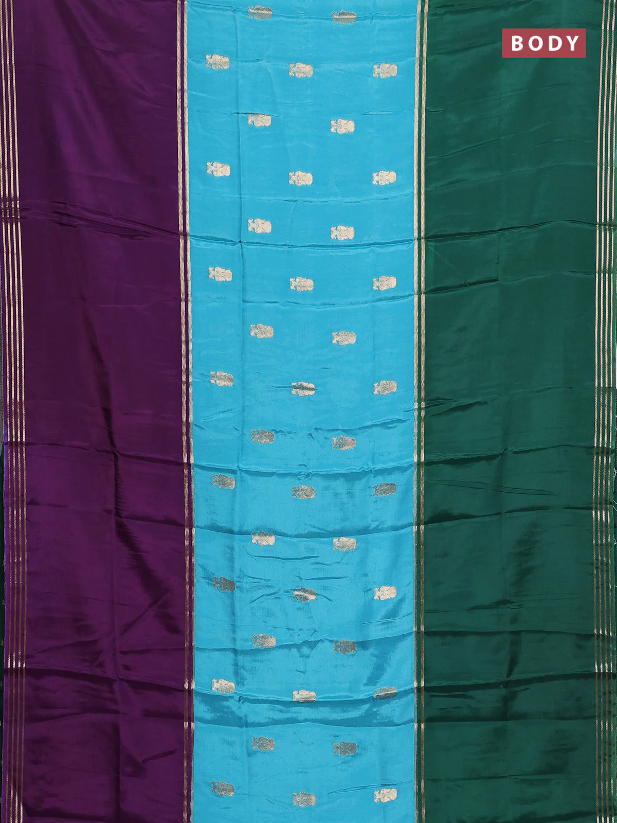 Semi mysore silk saree teal blue violet and green with zari woven buttas and rettapet zari woven border - Image 2