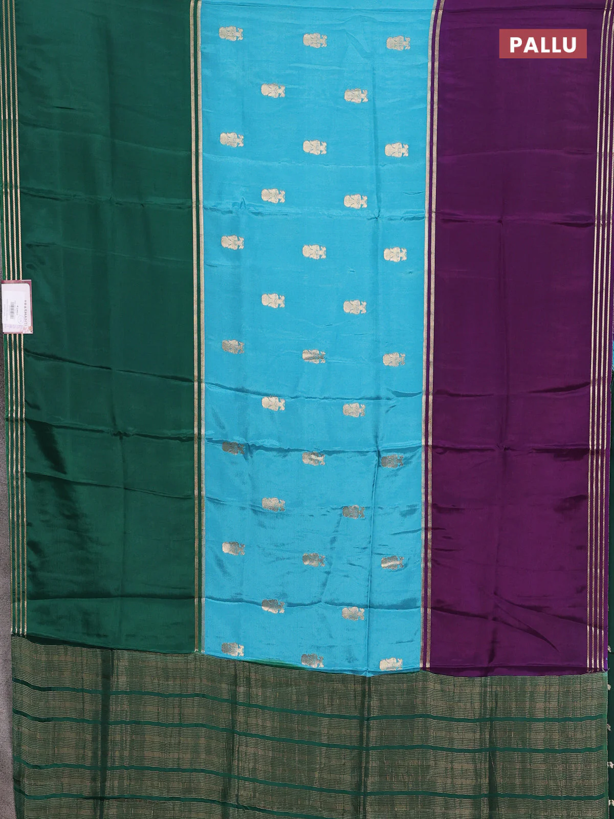 Semi mysore silk saree teal blue violet and green with zari woven buttas and rettapet zari woven border - Image 3