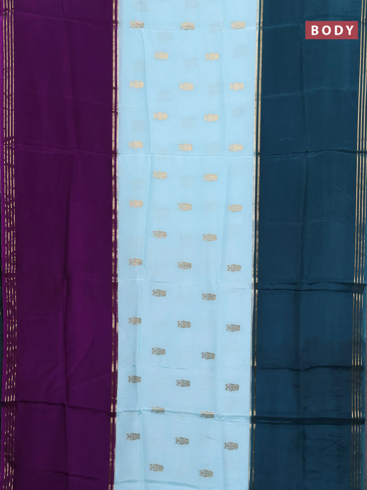 Semi mysore silk saree teal blue violet and peacock green with zari woven buttas and rettapet zari woven border - Image 2