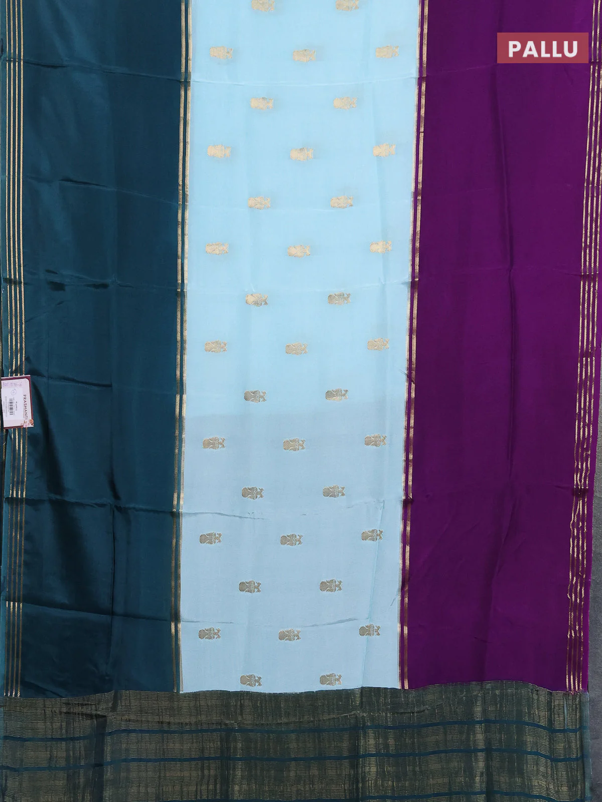 Semi mysore silk saree teal blue violet and peacock green with zari woven buttas and rettapet zari woven border - Image 3