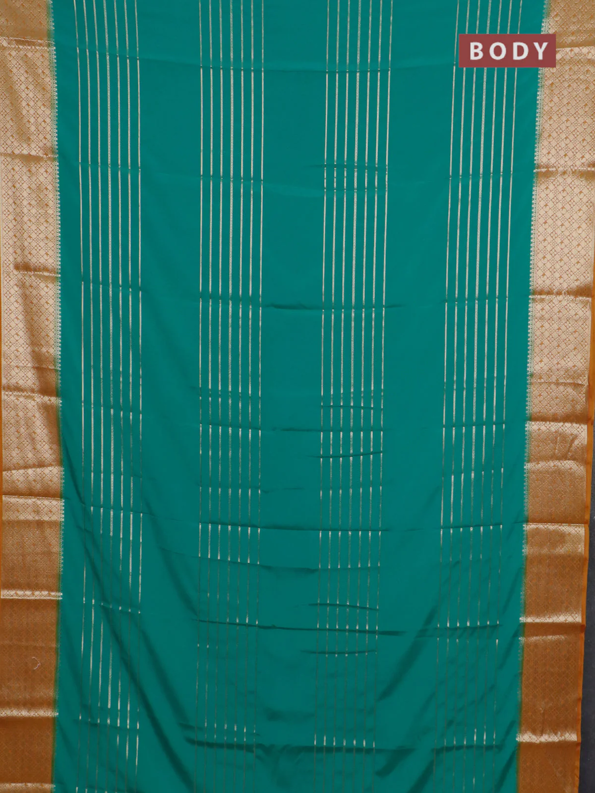 Semi mysore silk saree teal green and mustard yellow with allover zari weaves and zari woven border - Image 2