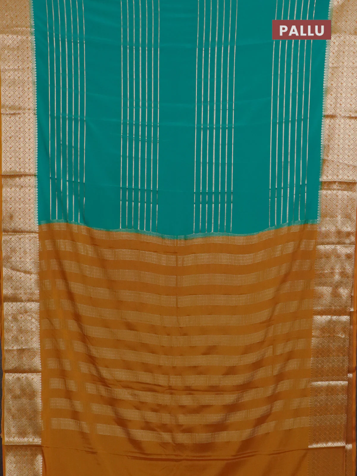 Semi mysore silk saree teal green and mustard yellow with allover zari weaves and zari woven border - Image 3