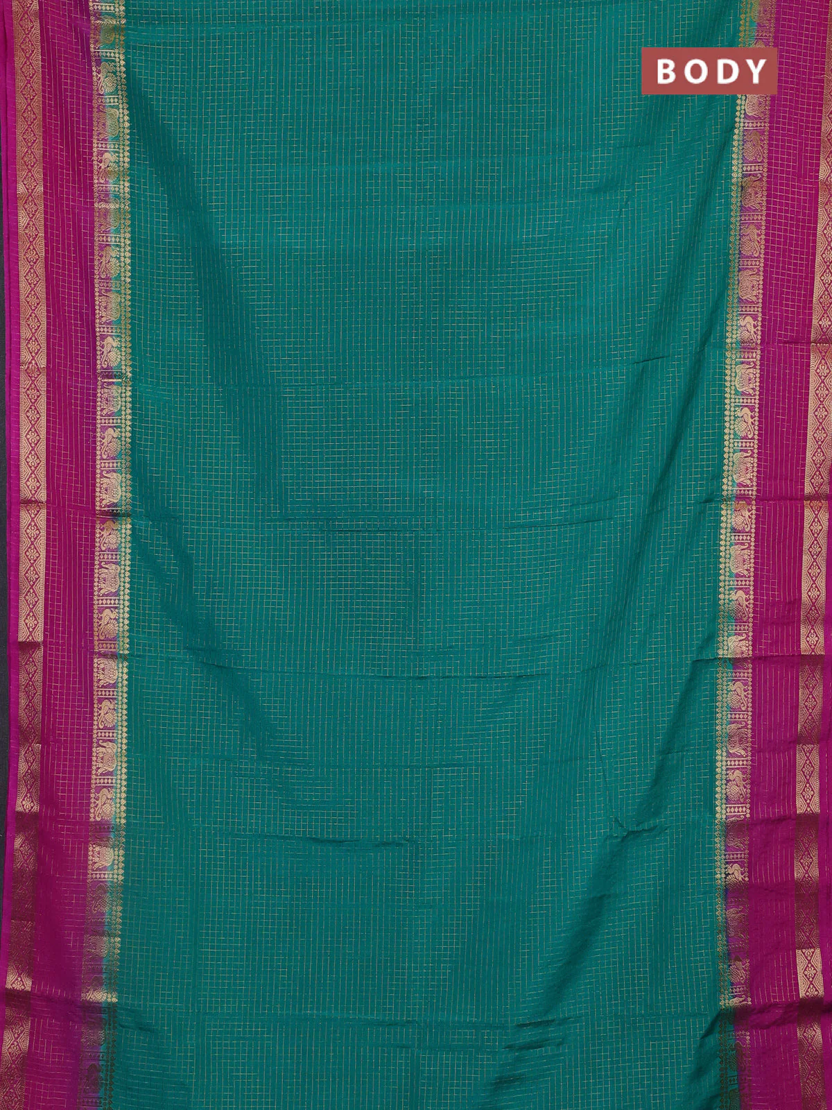 Semi mysore silk saree teal green and pink with allover zari checks pattern & buttas and rettapet zari woven border - Image 2