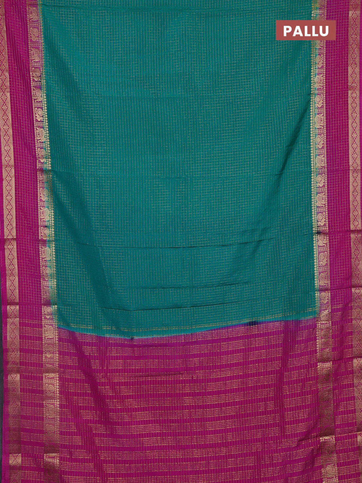 Semi mysore silk saree teal green and pink with allover zari checks pattern & buttas and rettapet zari woven border - Image 3