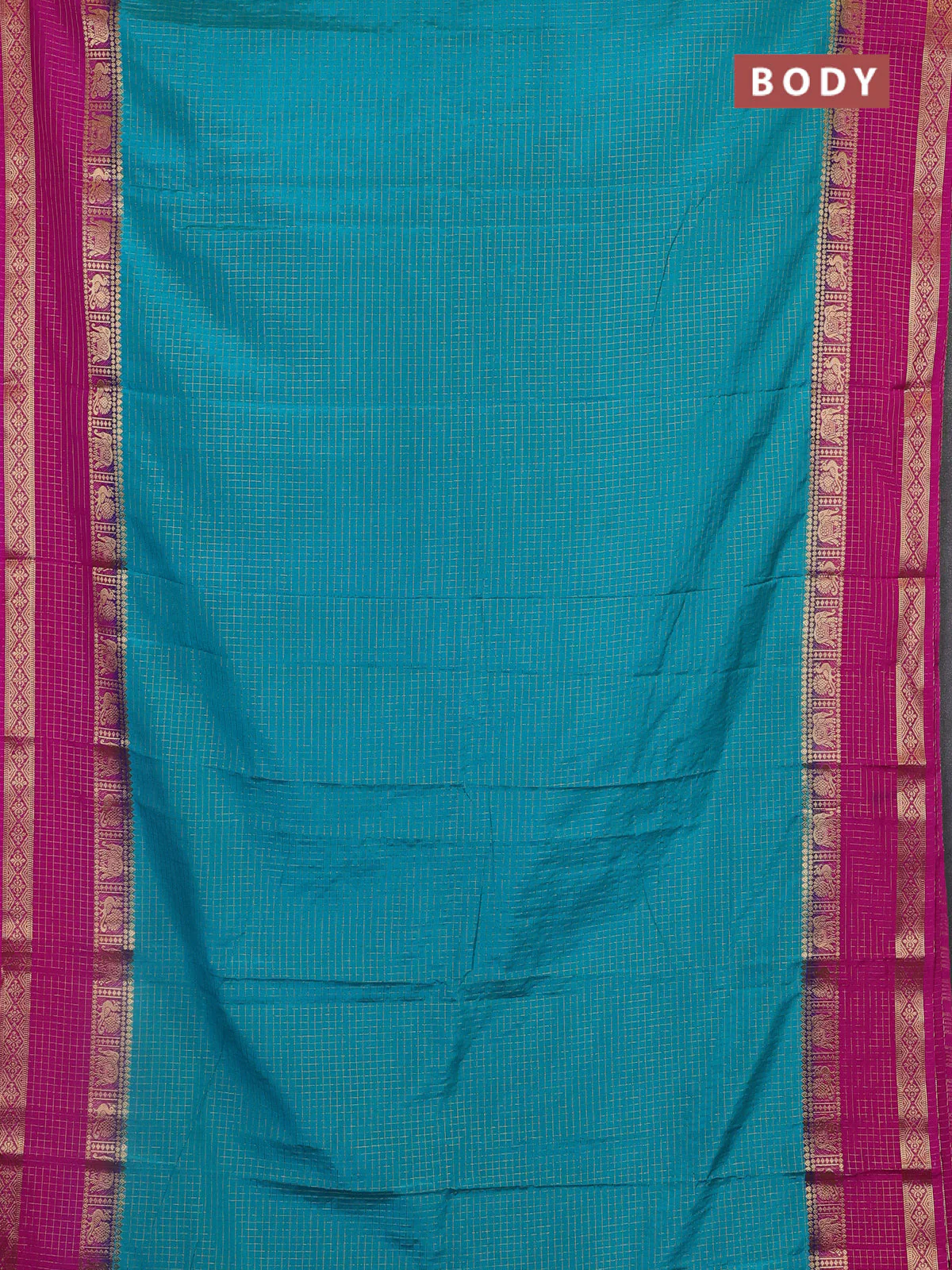 Semi mysore silk saree teal green and pink with allover zari checks pattern & buttas and rettapet zari woven border - Image 2