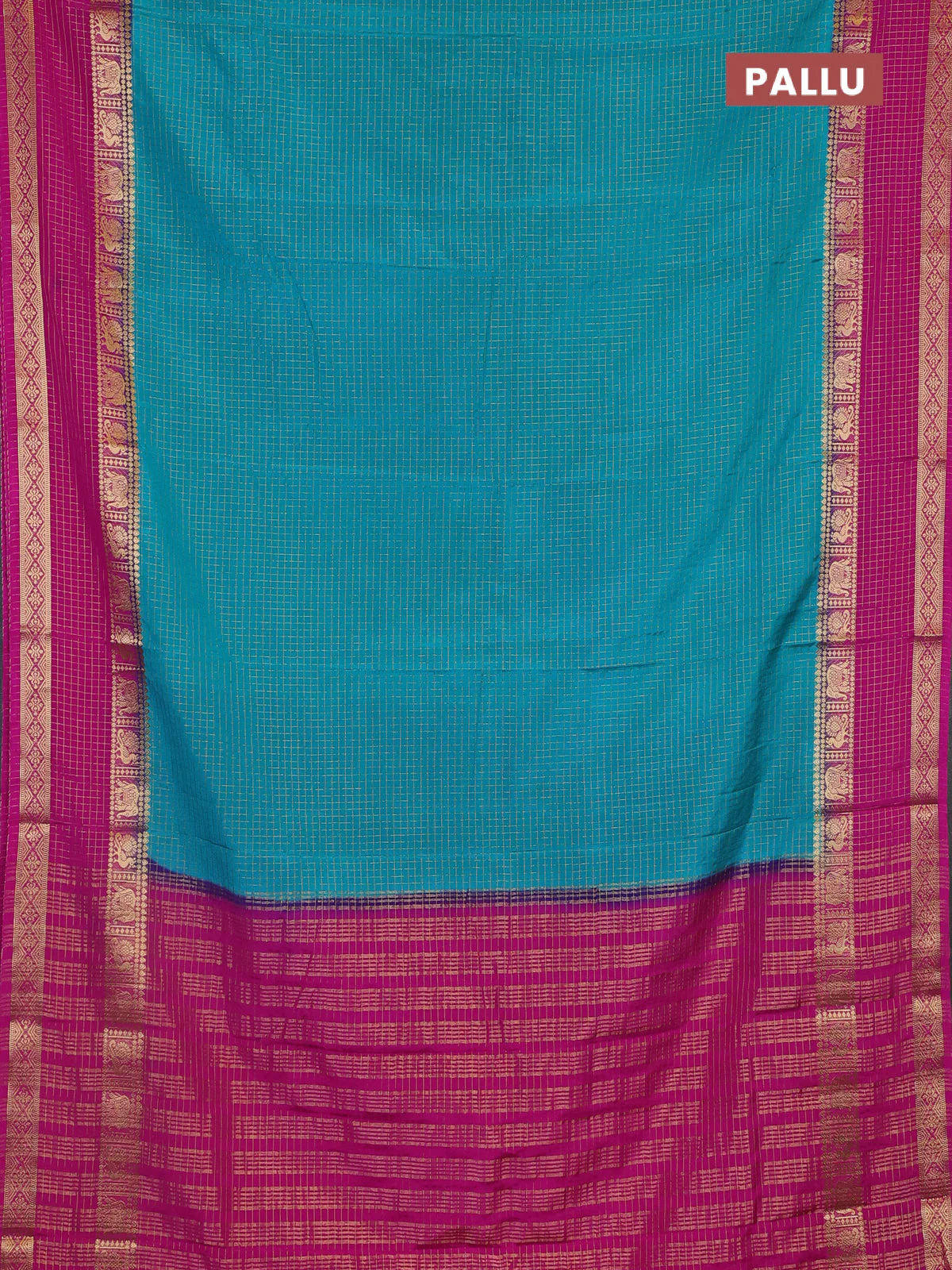 Semi mysore silk saree teal green and pink with allover zari checks pattern & buttas and rettapet zari woven border - Image 3