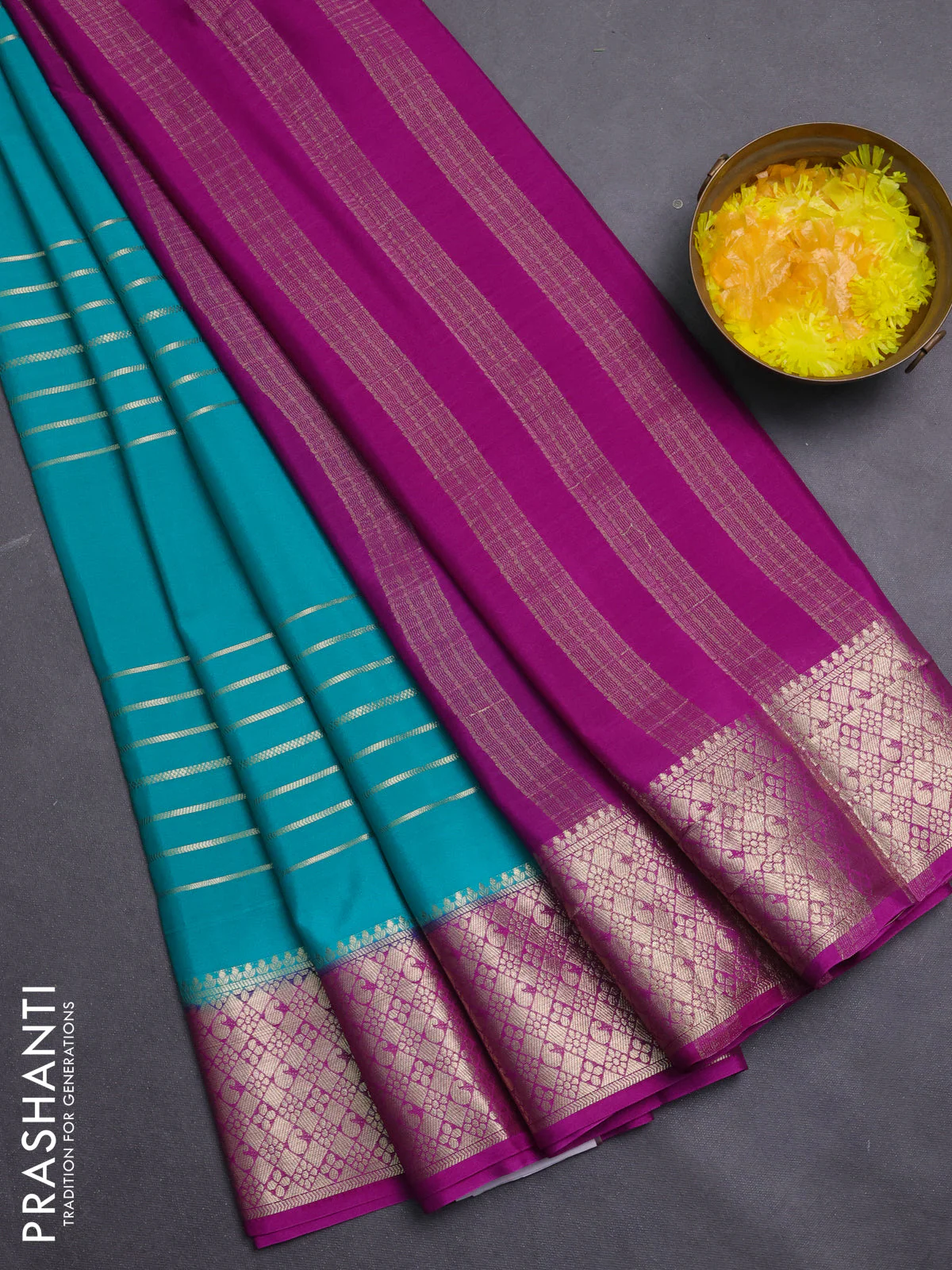 Semi mysore silk saree teal green and pink with allover zari weaves and zari woven border