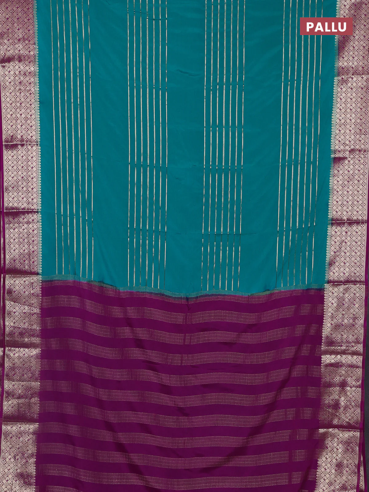 Semi mysore silk saree teal green and pink with allover zari weaves and zari woven border - Image 3