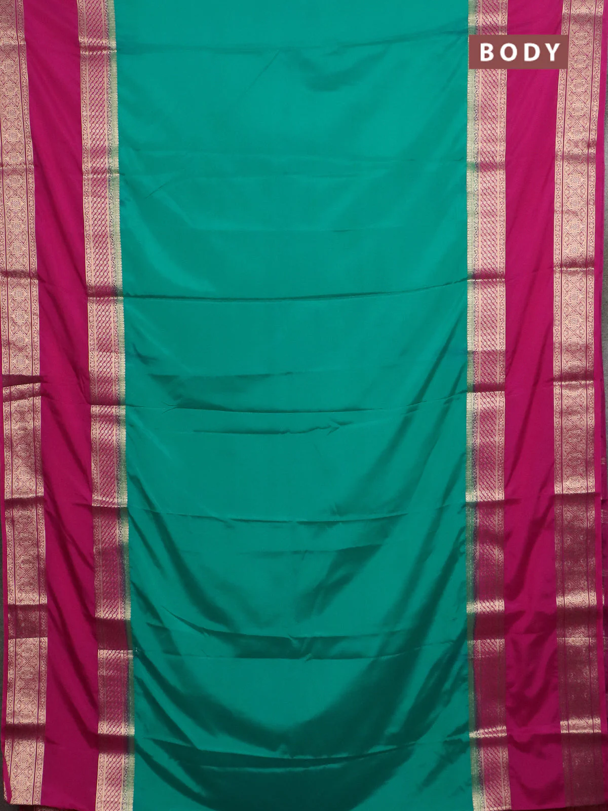 Semi mysore silk saree teal green and pink with plain body and rettapet zari woven border - Image 2