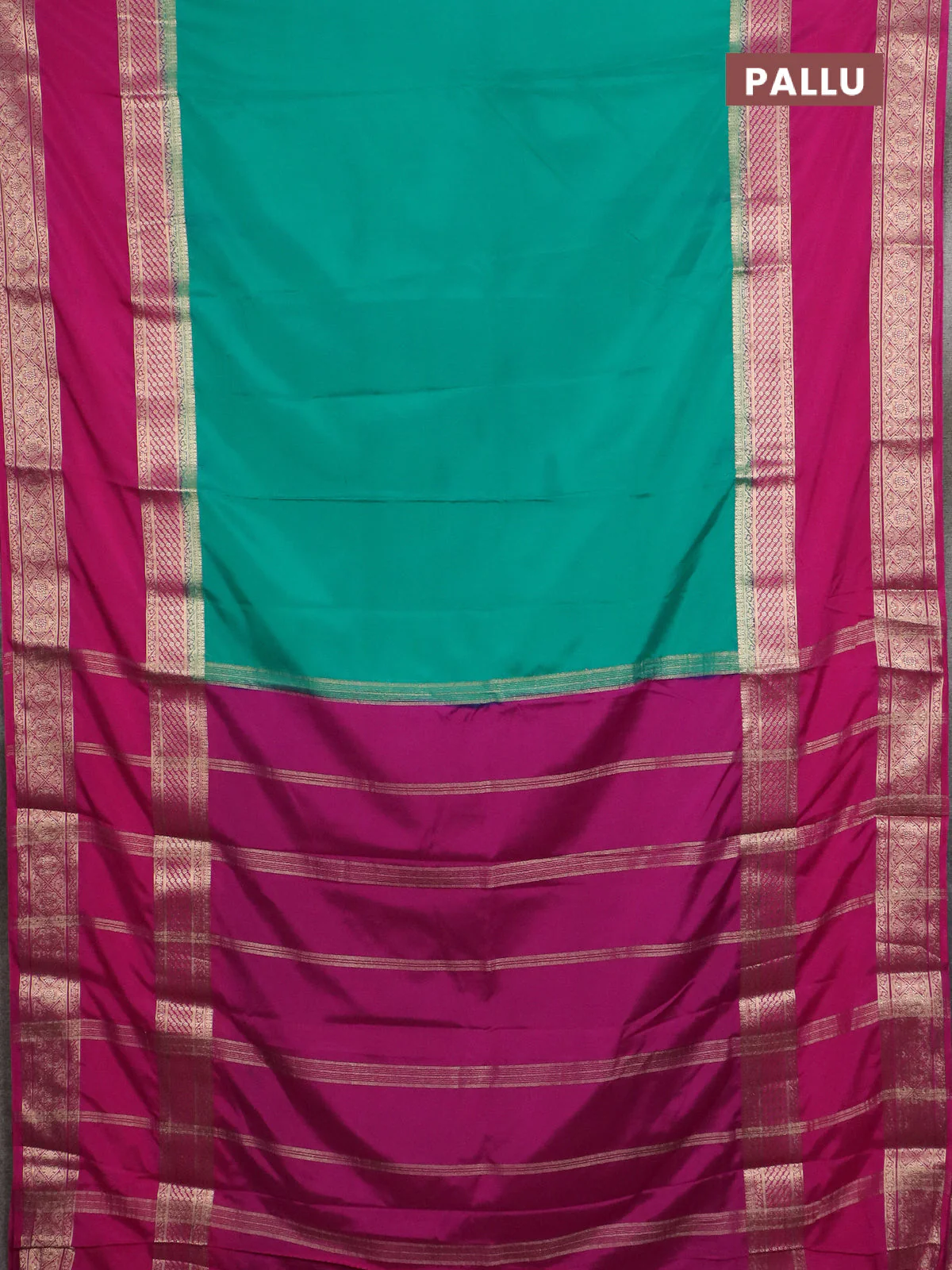 Semi mysore silk saree teal green and pink with plain body and rettapet zari woven border - Image 3