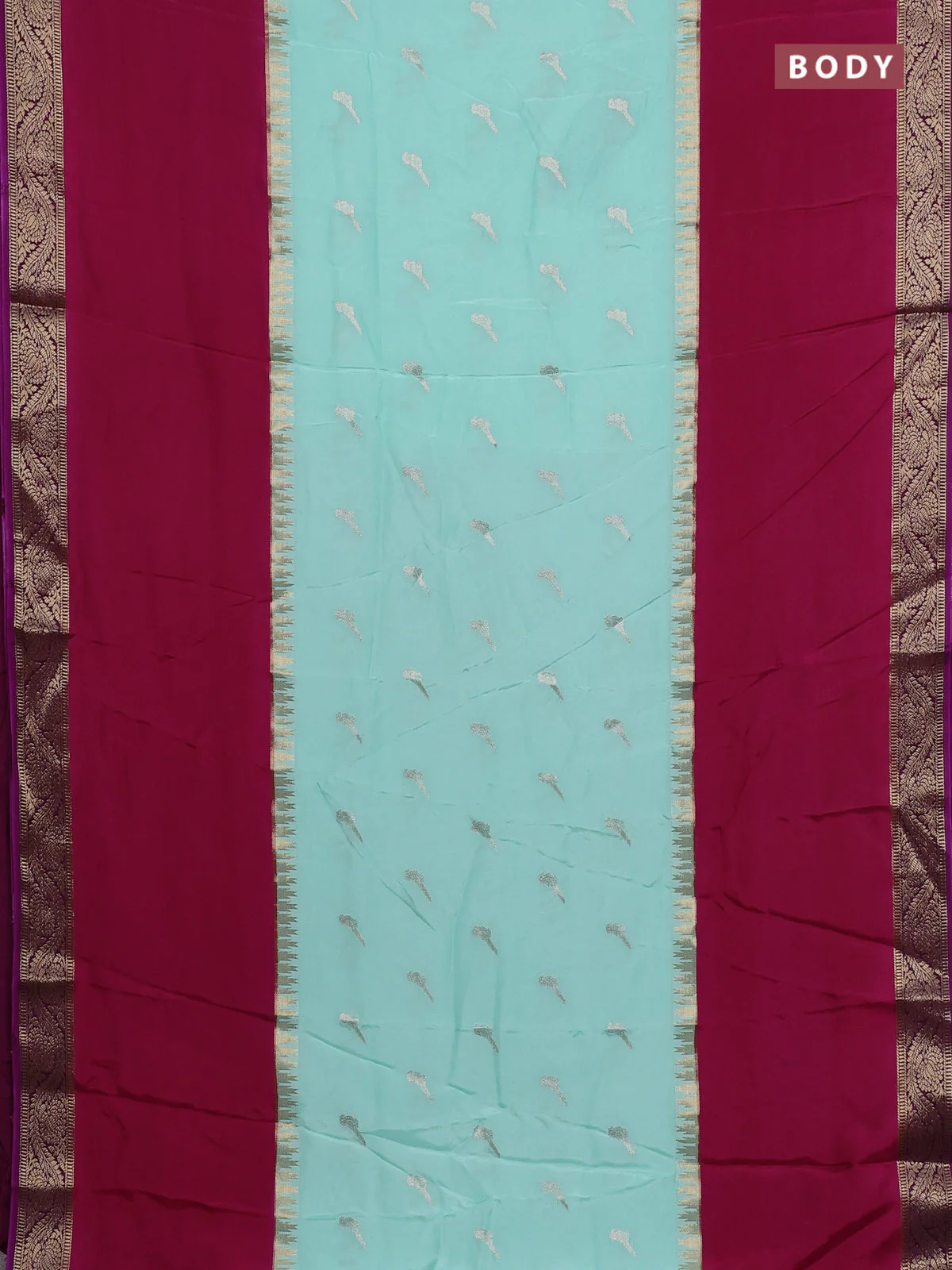 Semi mysore silk saree teal green and pink with zari woven buttas and rettapet zari woven border - Image 2