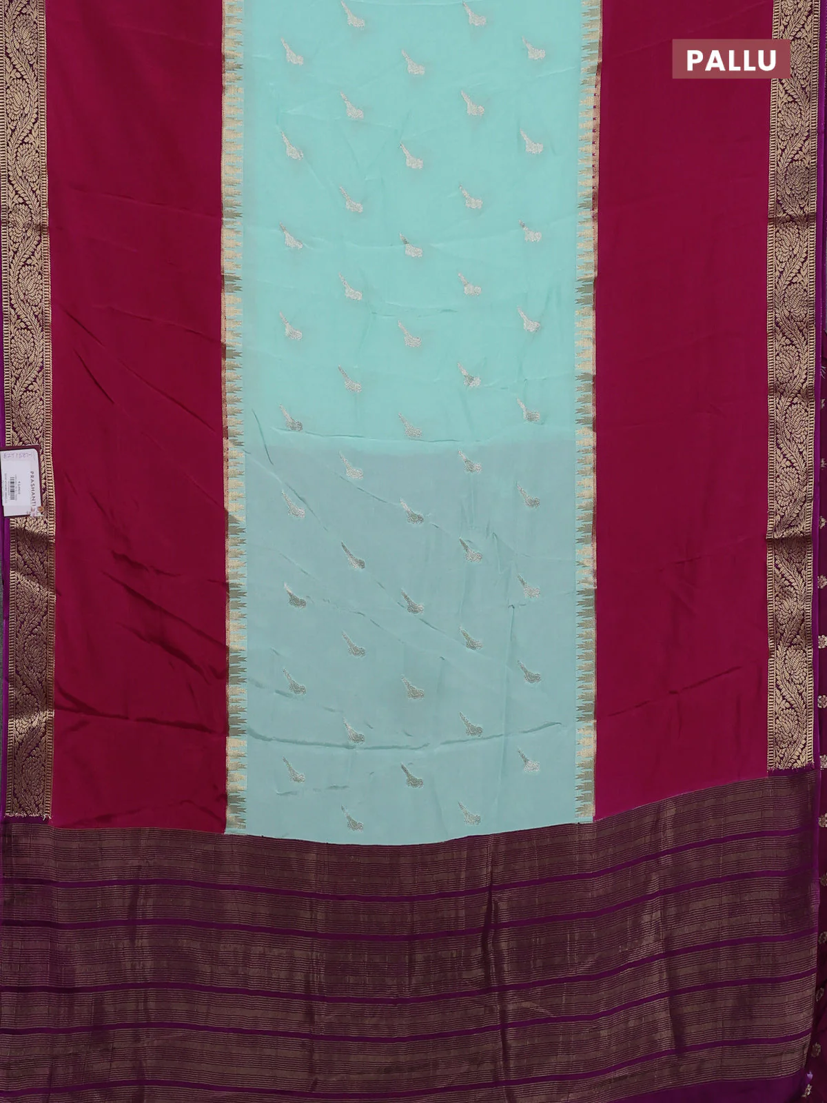 Semi mysore silk saree teal green and pink with zari woven buttas and rettapet zari woven border - Image 3