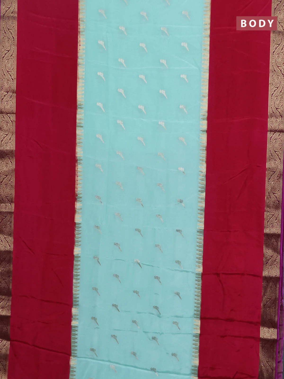 Semi mysore silk saree teal green magenta pink and purple with zari woven buttas and rettapet temple zari woven border - Image 2
