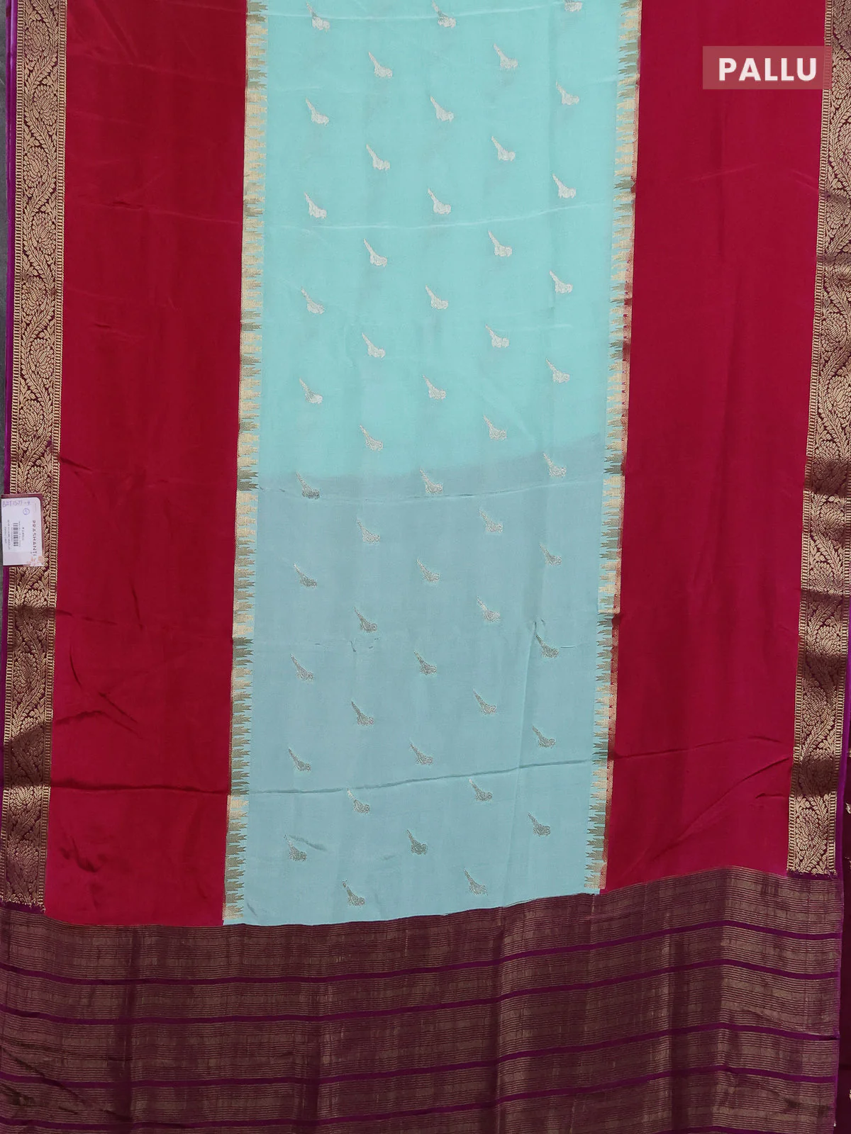 Semi mysore silk saree teal green magenta pink and purple with zari woven buttas and rettapet temple zari woven border - Image 3