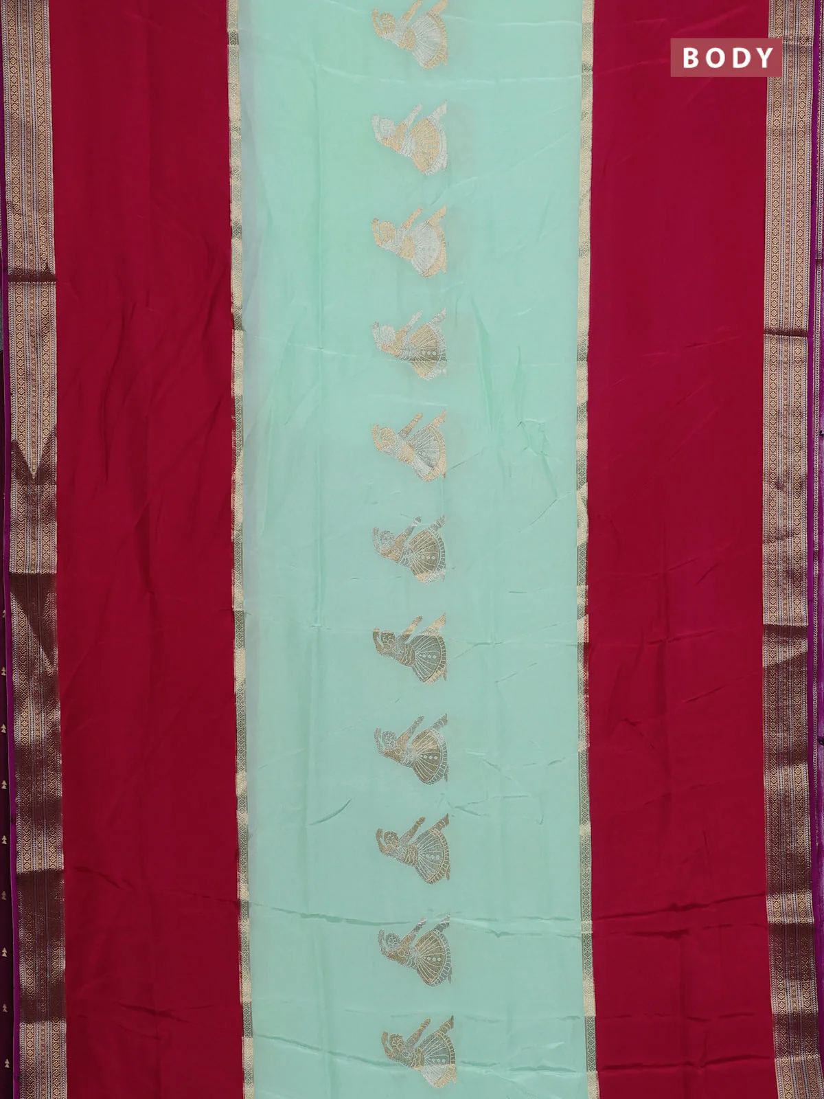 Semi mysore silk saree teal green pink and purple with zari woven buttas and rettapet zari woven border - Image 2