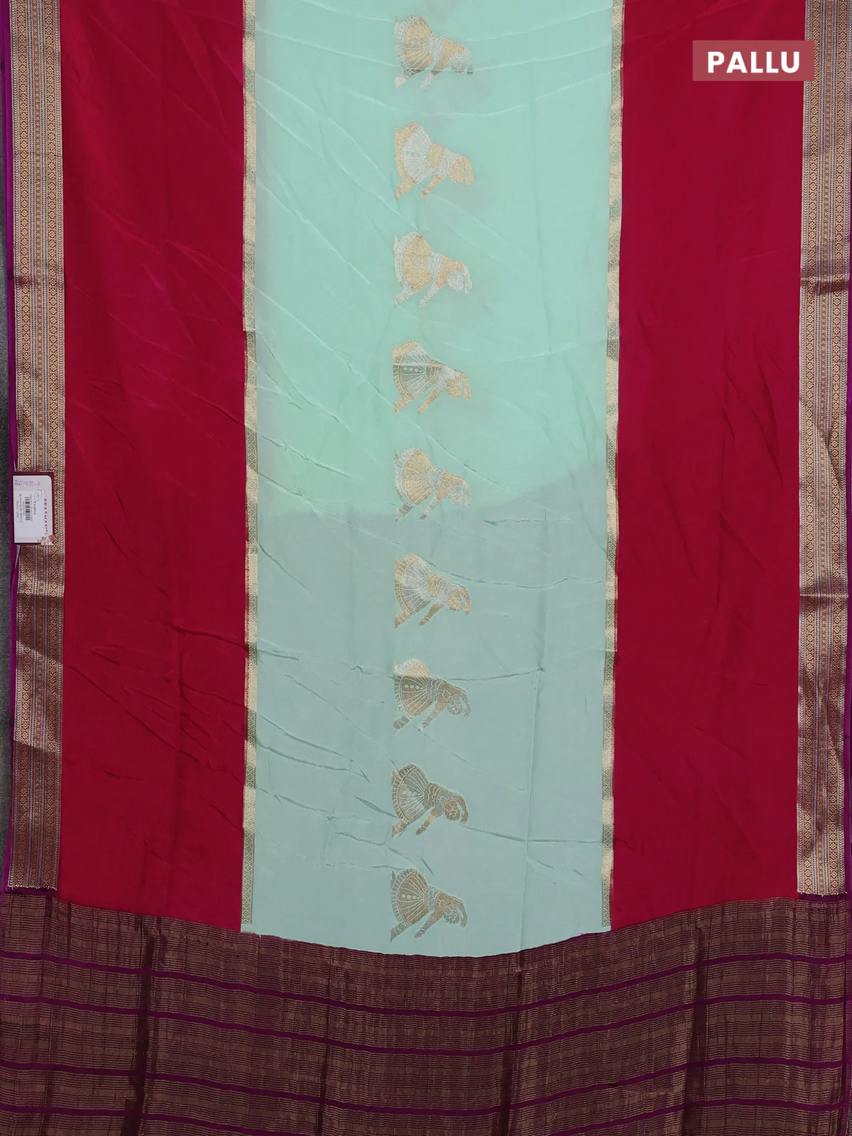 Semi mysore silk saree teal green pink and purple with zari woven buttas and rettapet zari woven border - Image 3