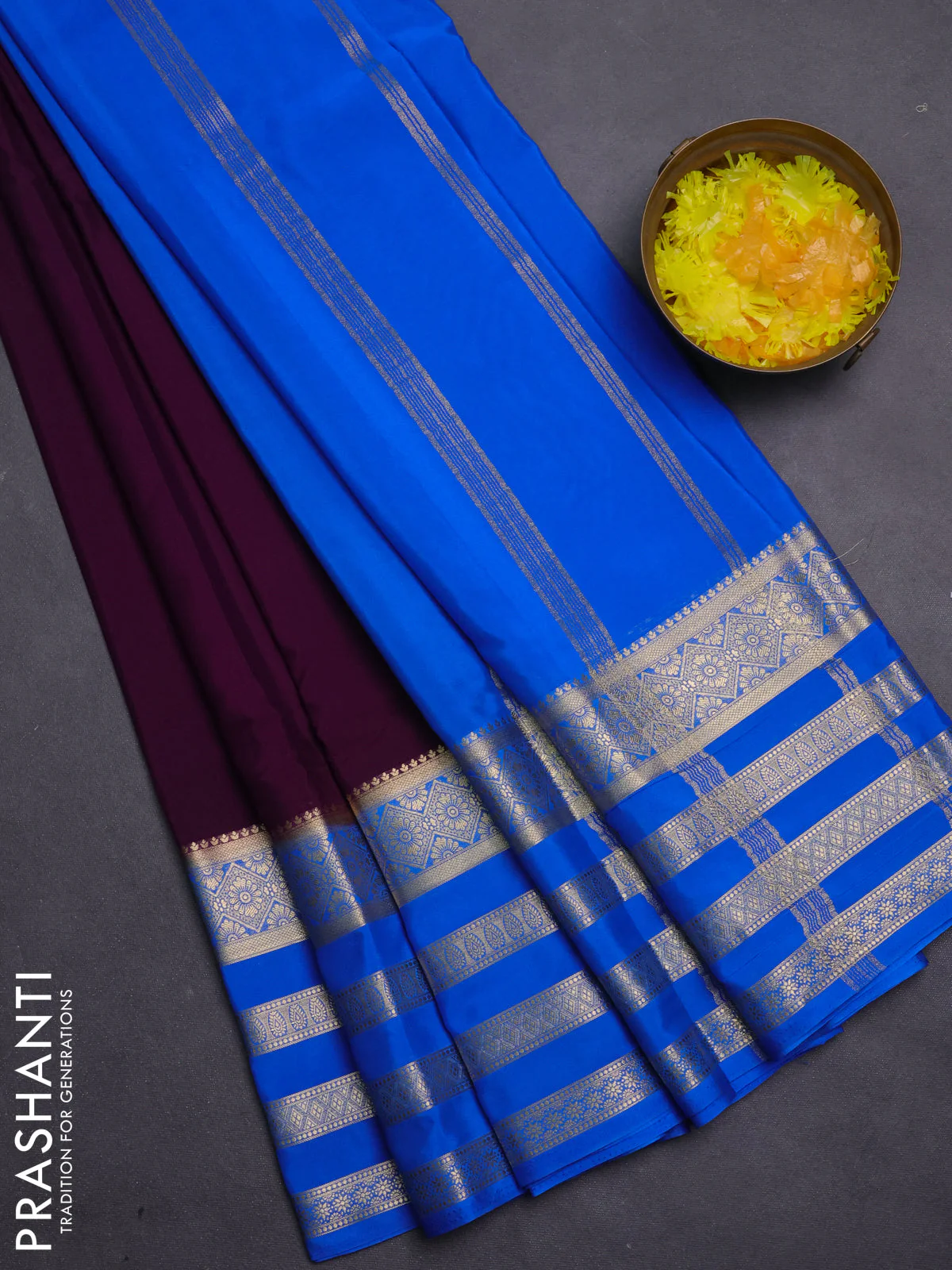Semi mysore silk saree violet and cs blue with plain body and long zari woven border