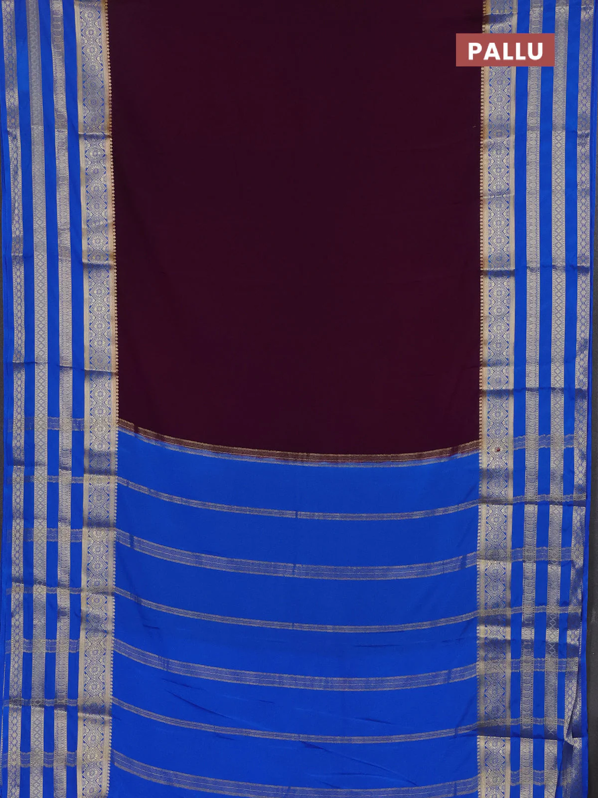Semi mysore silk saree violet and cs blue with plain body and long zari woven border - Image 3