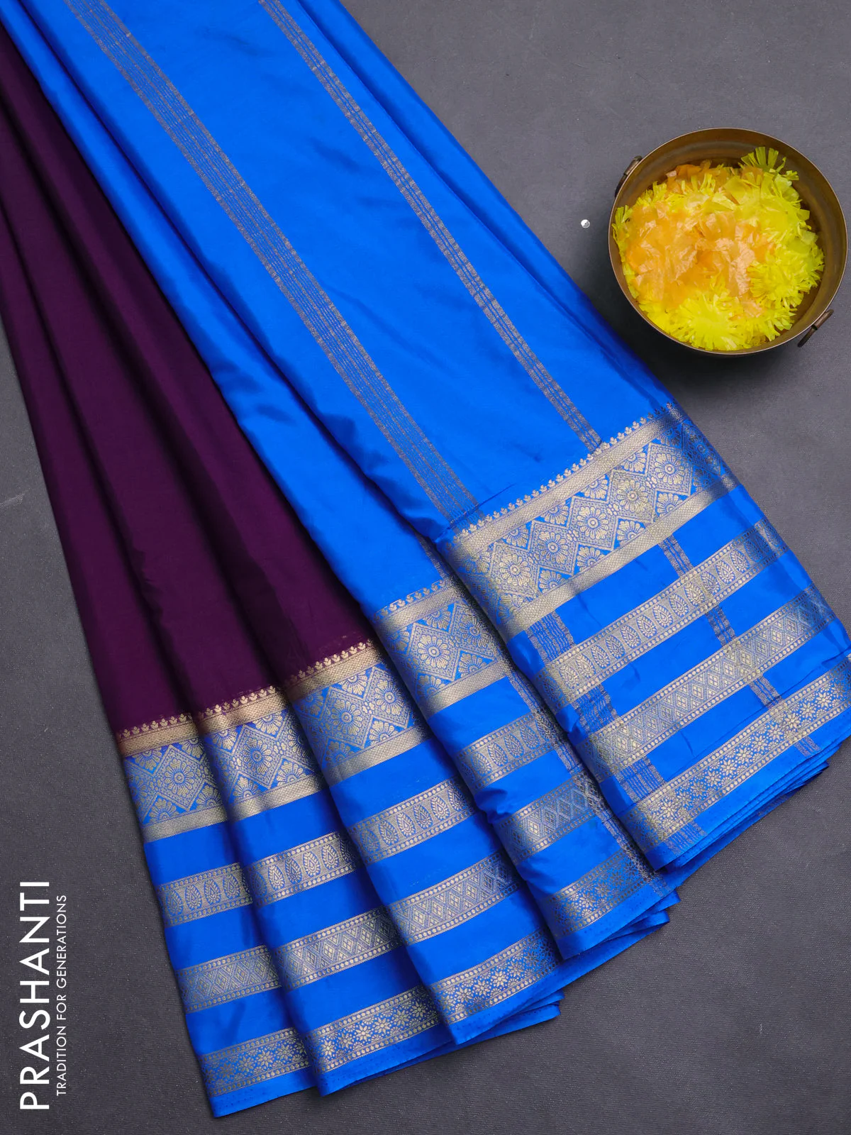 Semi mysore silk saree violet and cs blue with plain body and long zari woven border