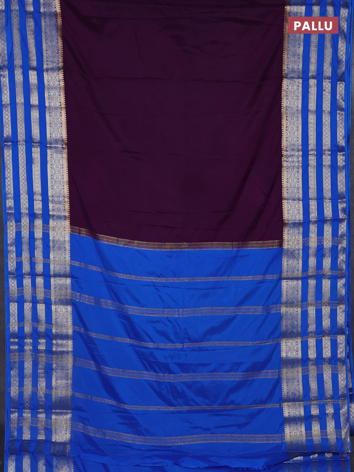 Semi mysore silk saree violet and cs blue with plain body and long zari woven border - Image 3