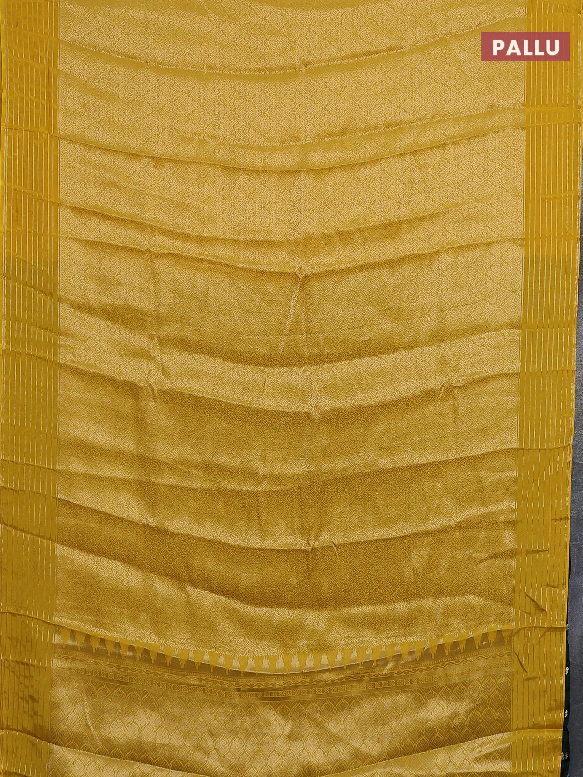 Semi mysore silk saree yellow and bottle green with allover zari weaves and zari woven border - Image 3