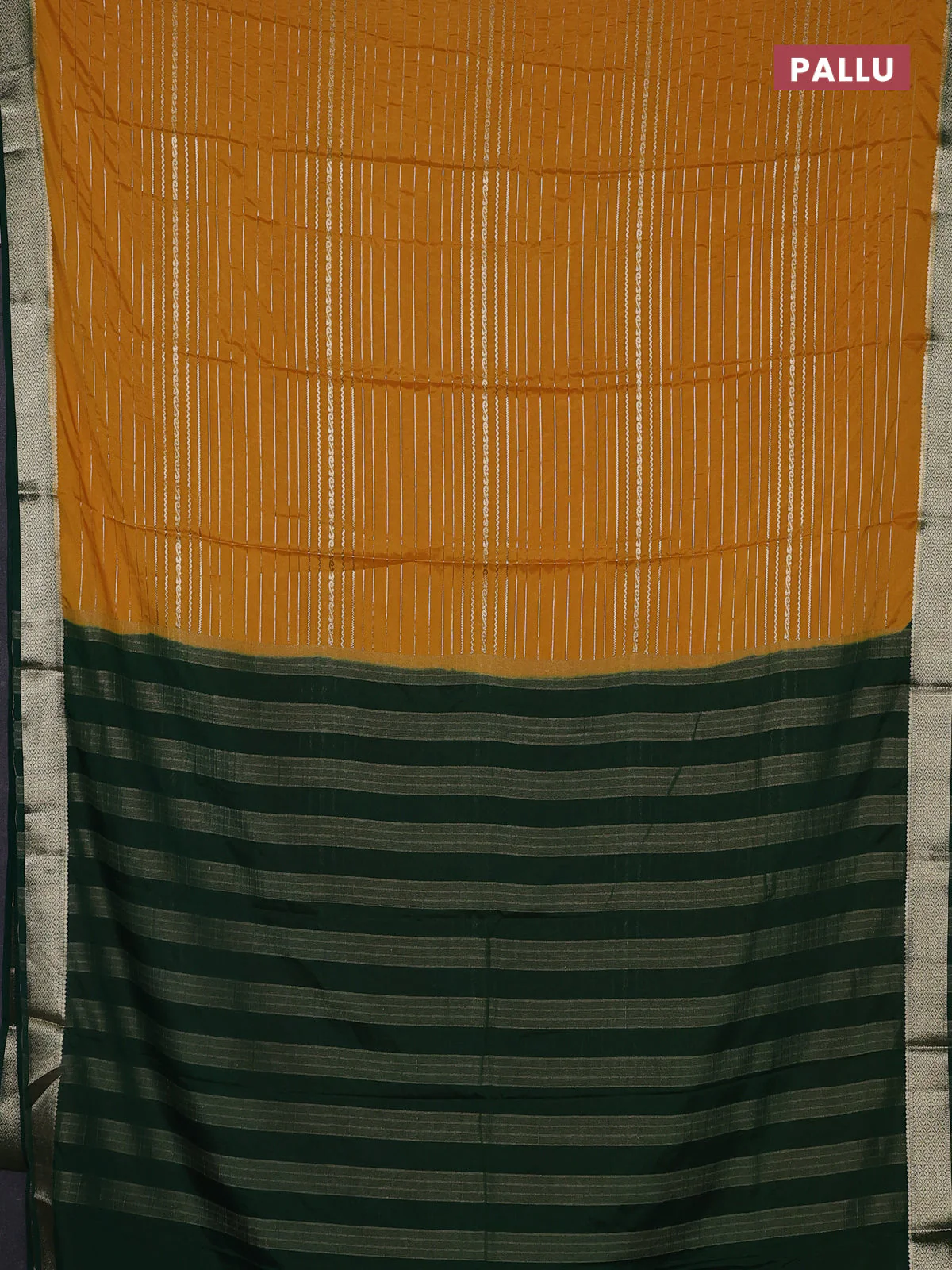 Semi mysore silk saree yellow and green with allover zari weaves and zari woven border - Image 3